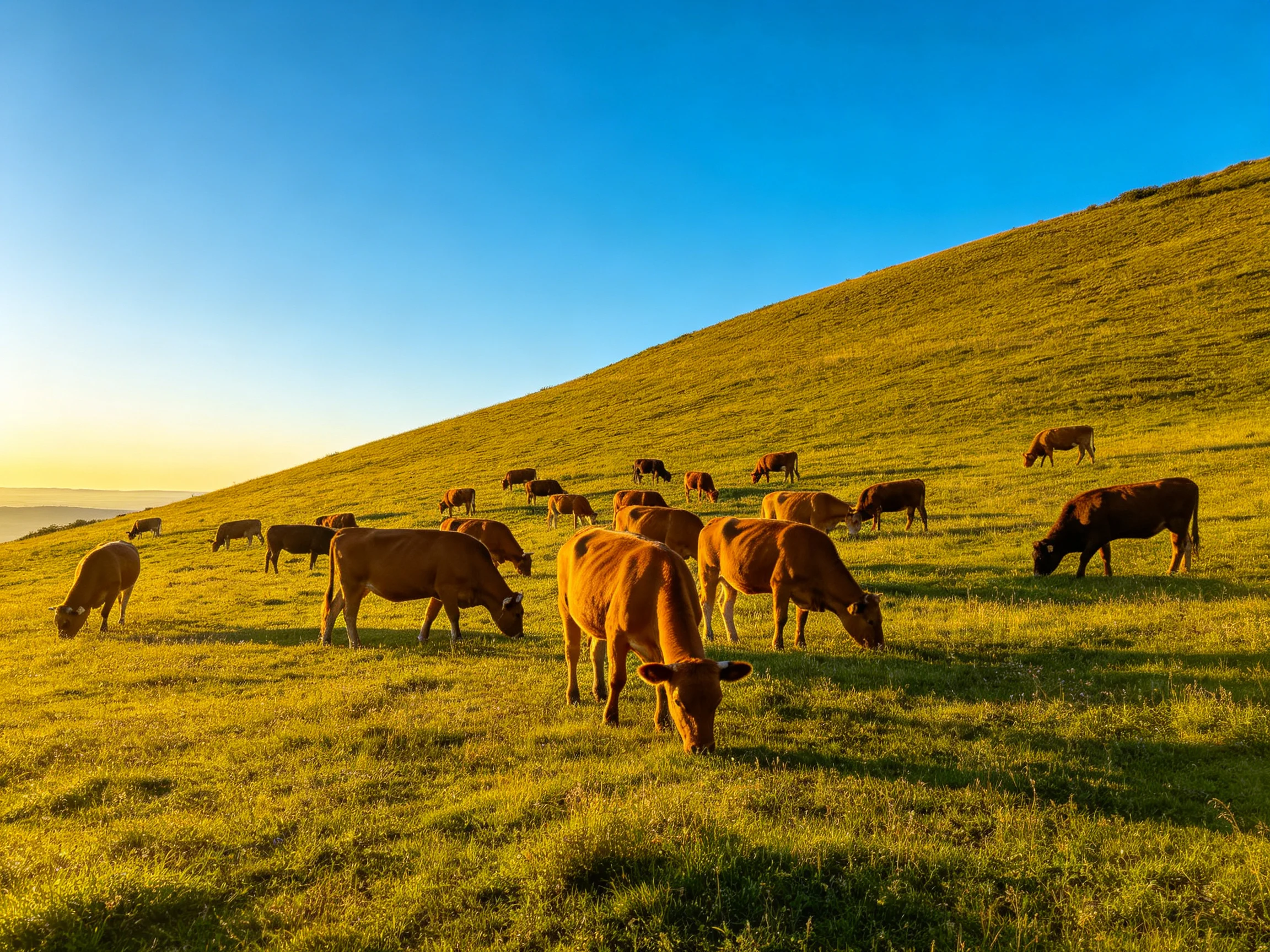 A herd of brown cows grazes on a sunlit green hillside under clear blue skies