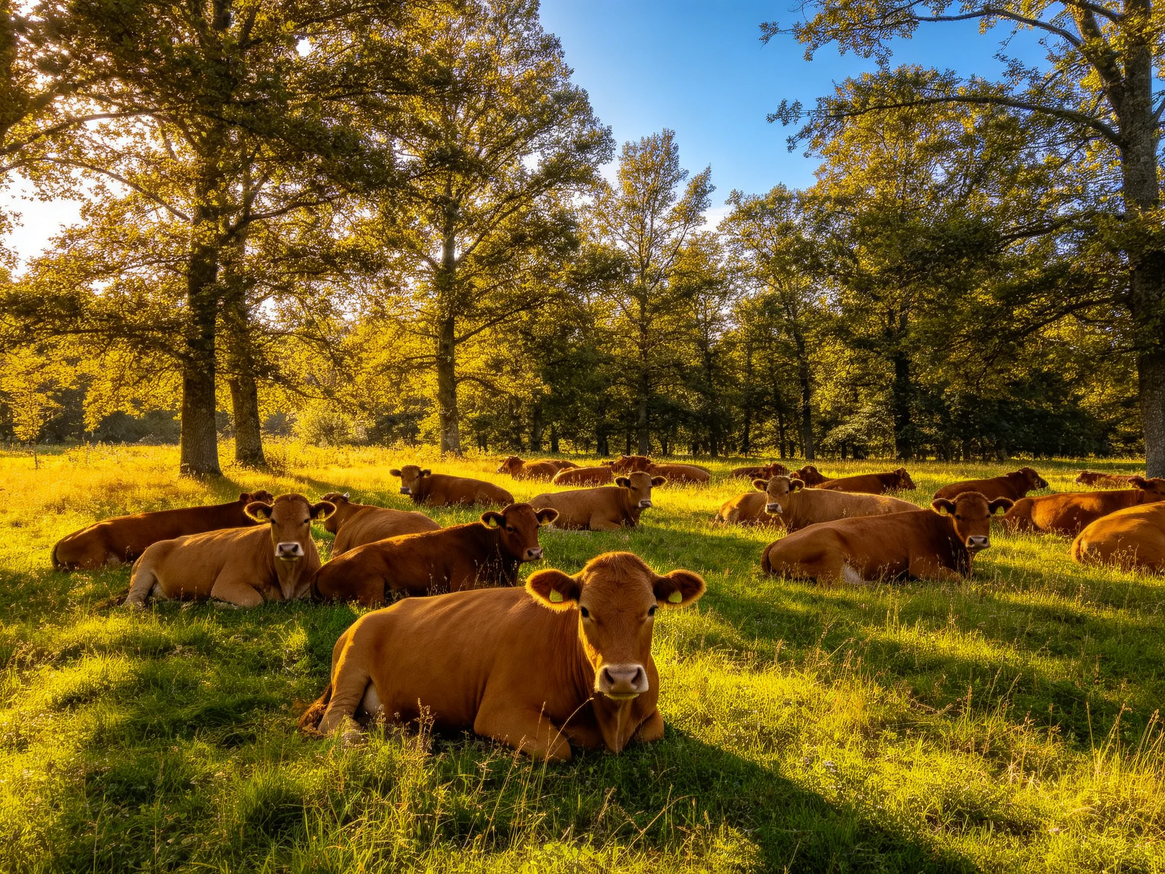 A herd of brown cows rests in a sunlit green meadow with tall trees