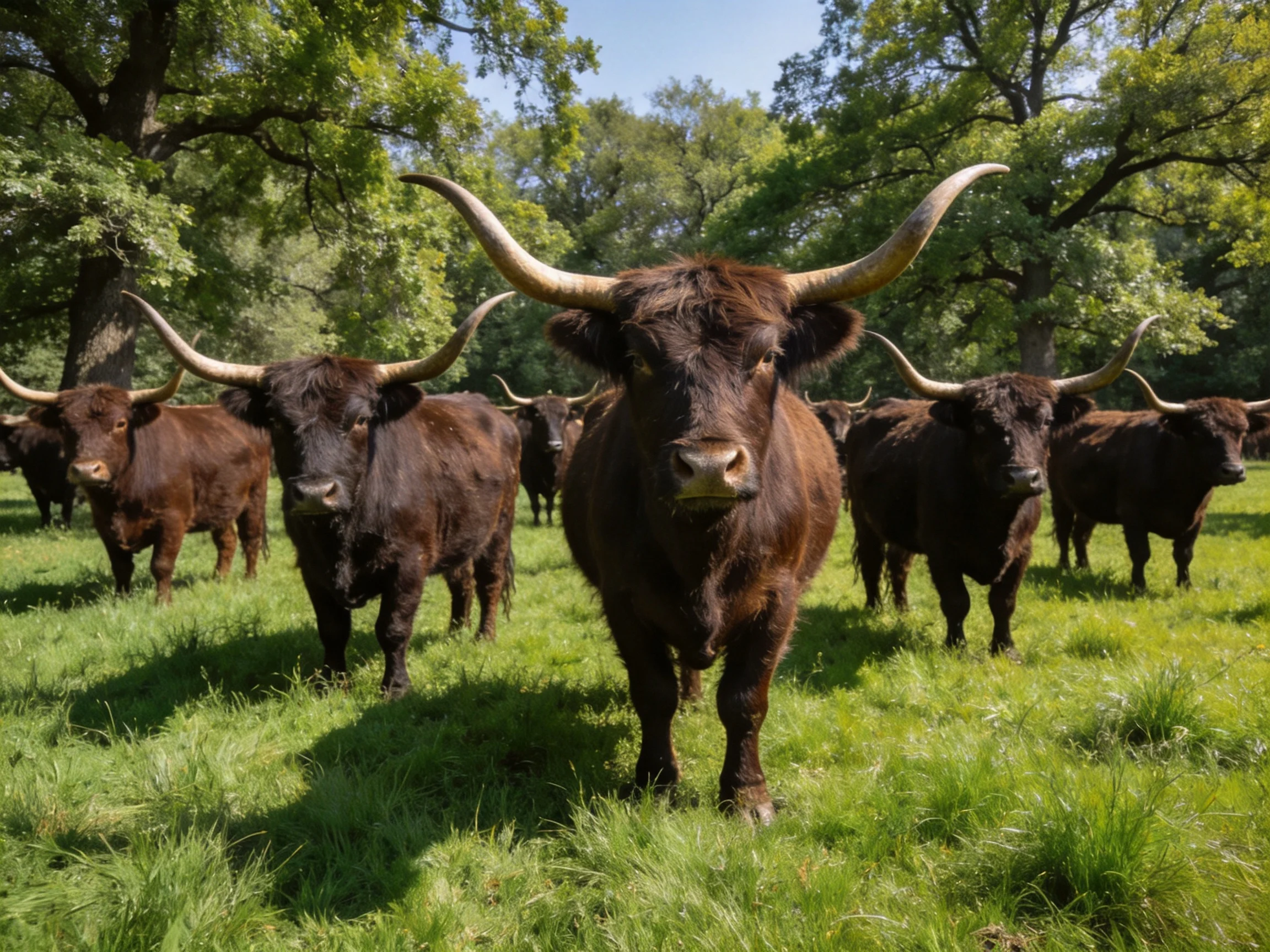 A herd of brown horned cattle in a lush green meadow
