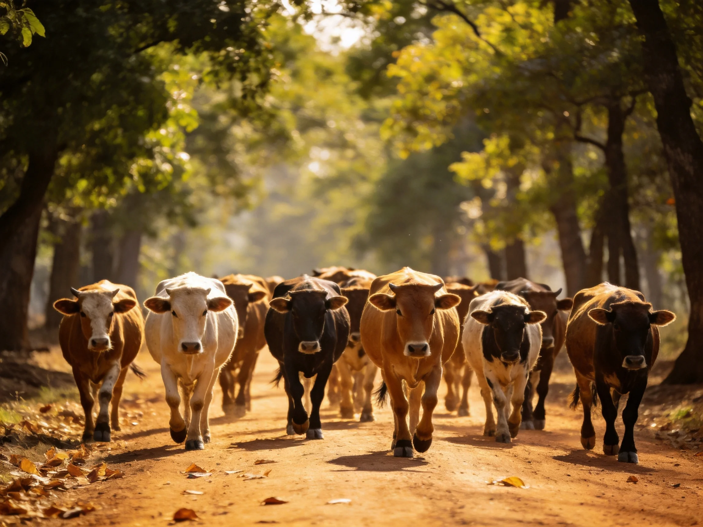 A herd of brown, white, and black cattle traverse a sunlit dirt path