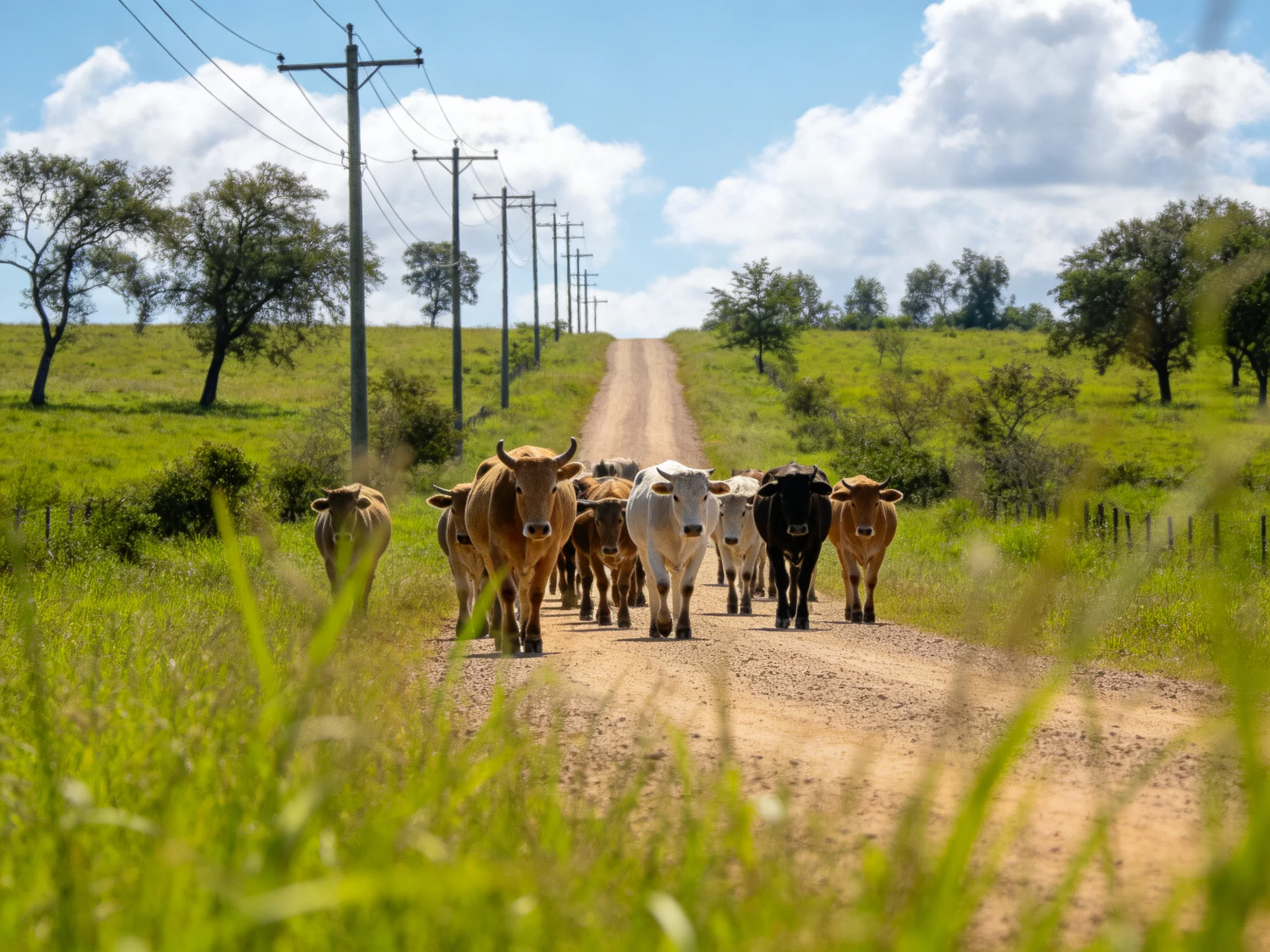 A herd of brown, white, and black cattle traverses a dusty country road