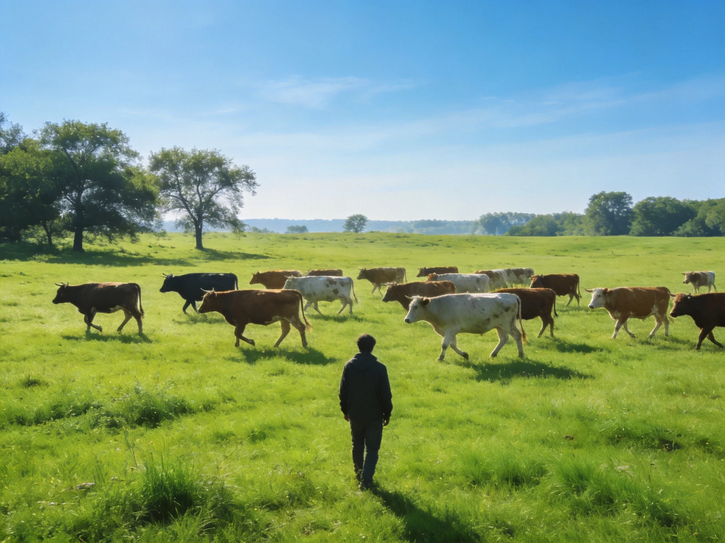 A herd of brown, white, black cows in a lush green pasture with a person