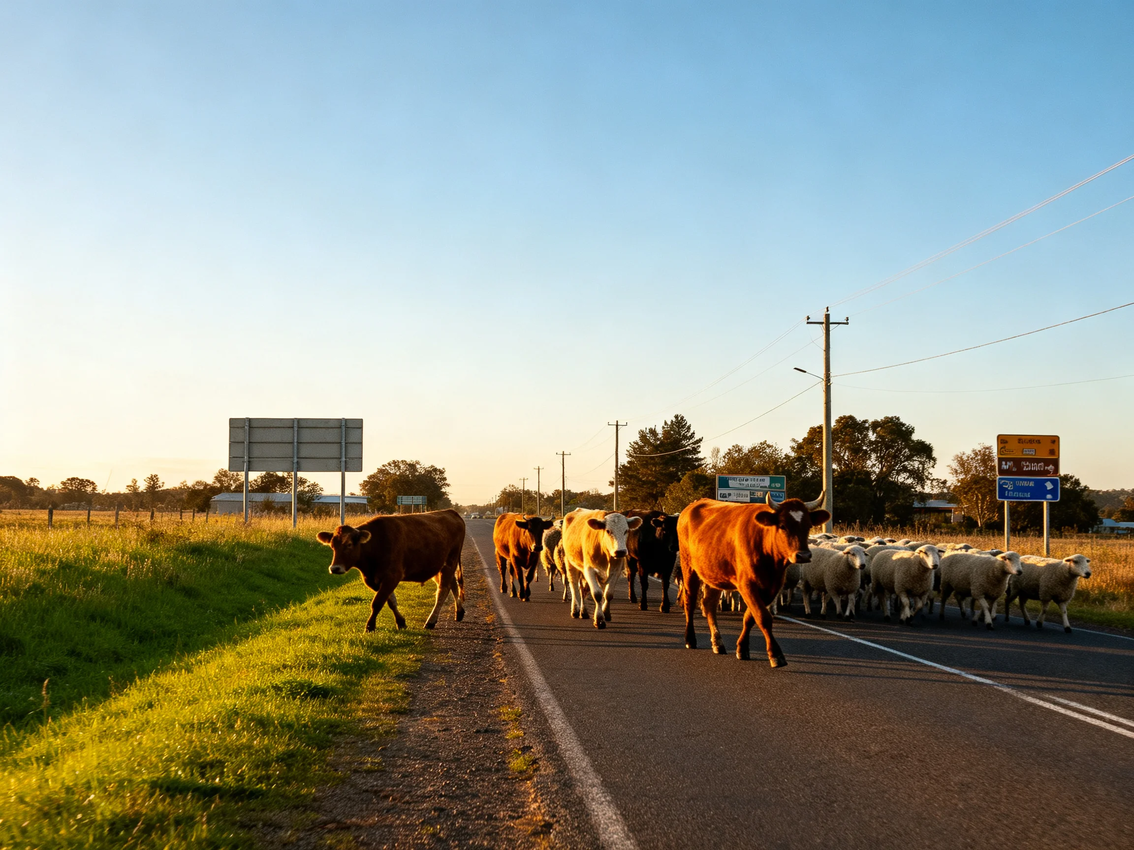A herd of cattle and sheep crosses a country road at golden hour