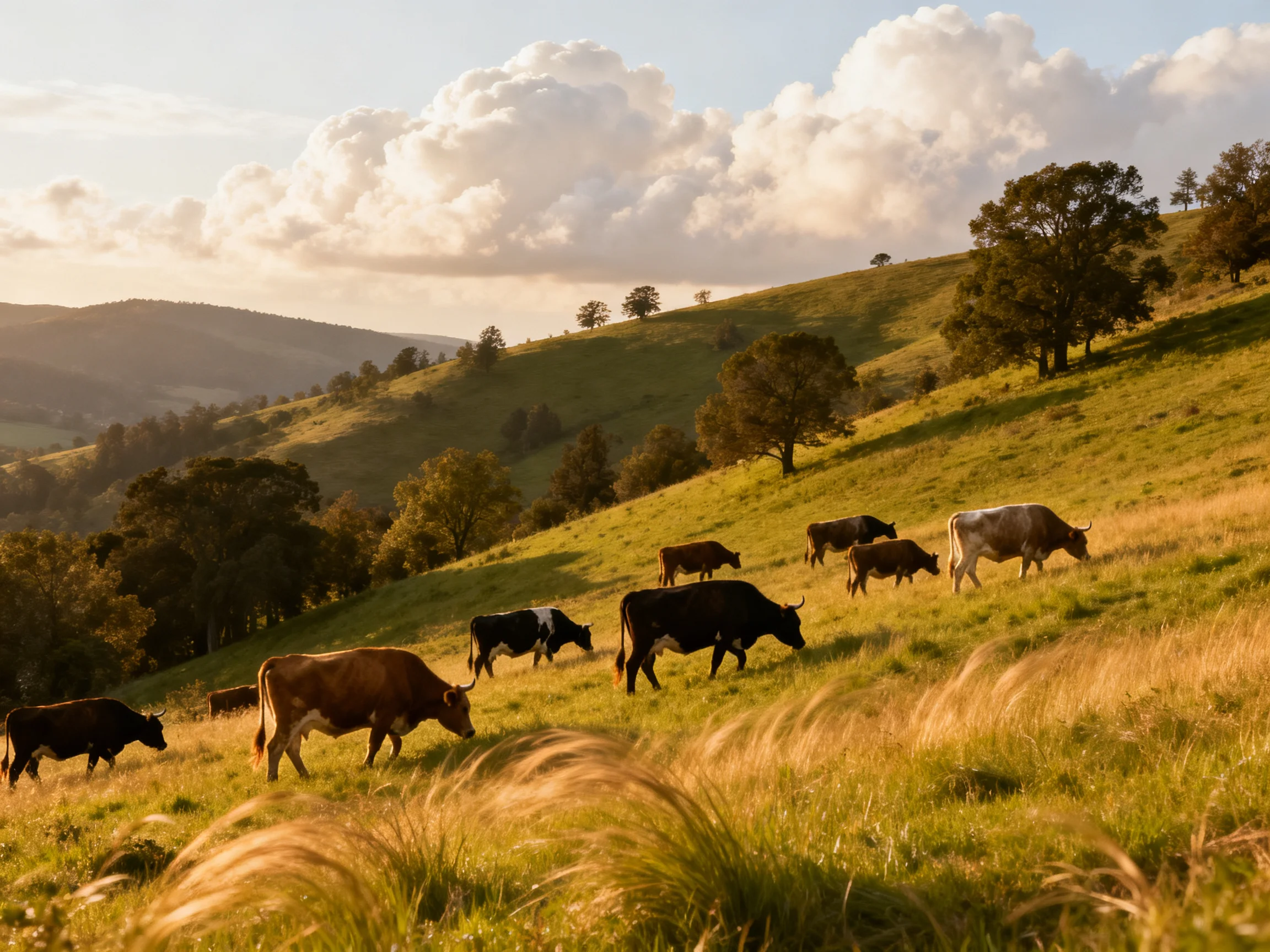 A herd of cattle grazes on sunlit rolling hills with scattered trees