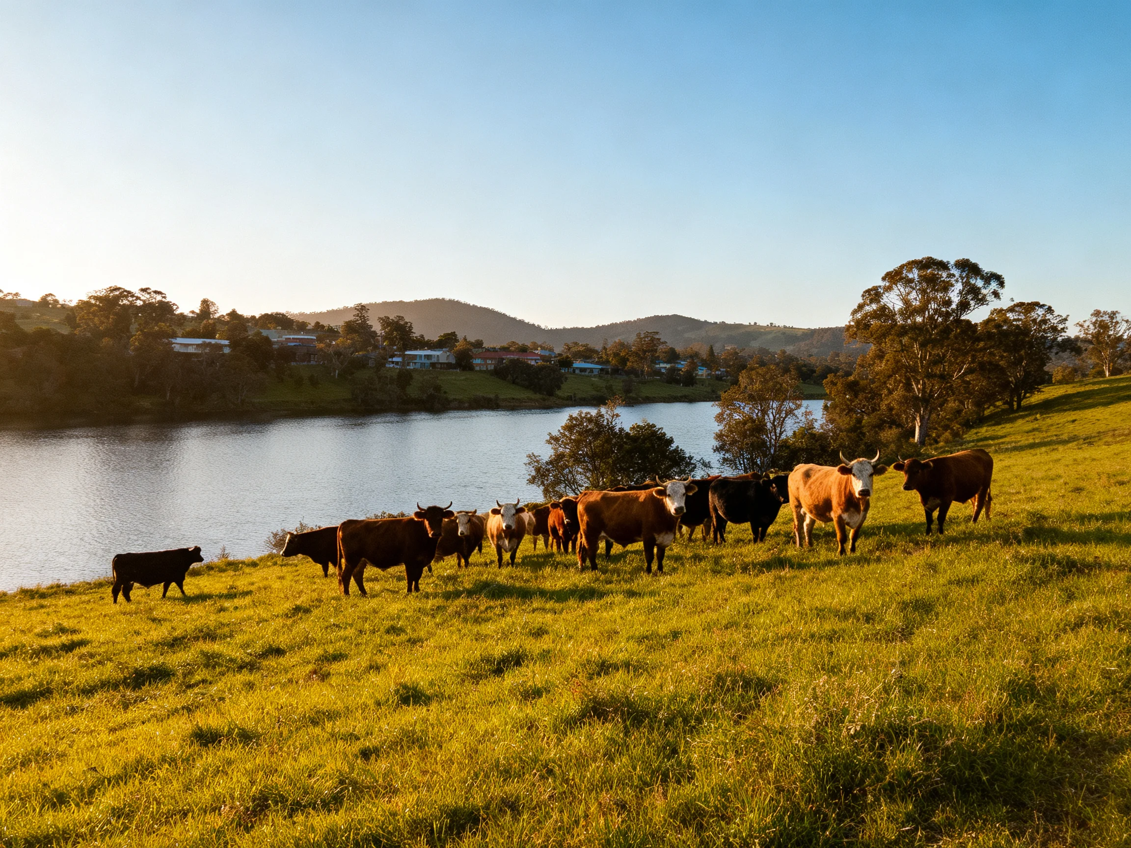 A herd of cattle grazing by a calm riverbank under golden light