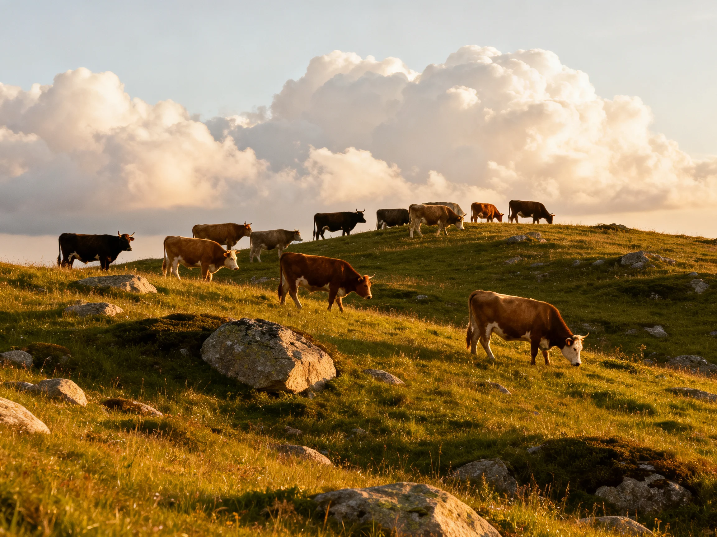 A herd of cattle grazing on a rocky, golden hillside under fluffy clouds