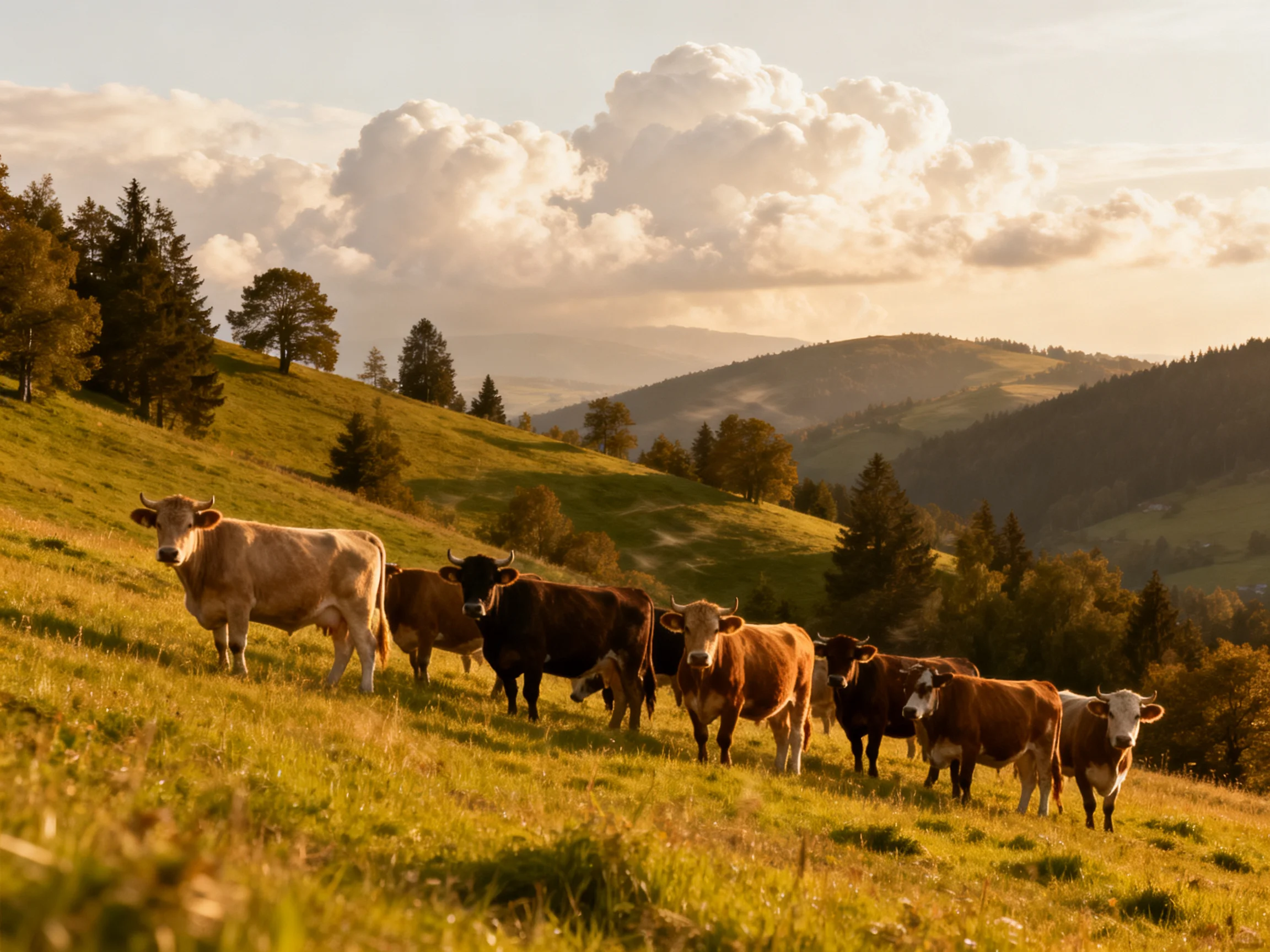 A herd of cattle grazing on a sunlit green hillside with forested mountains