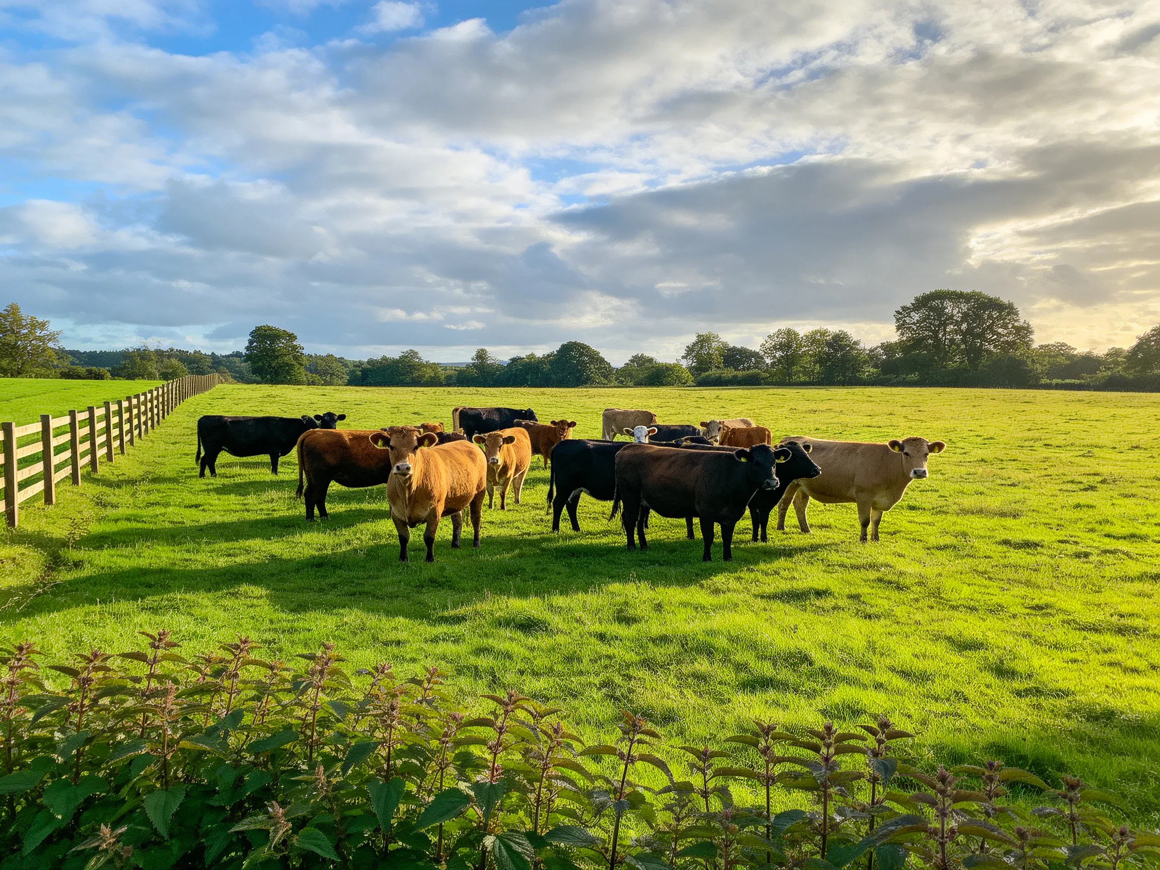 A herd of cattle in a sunlit green pasture near a wooden fence