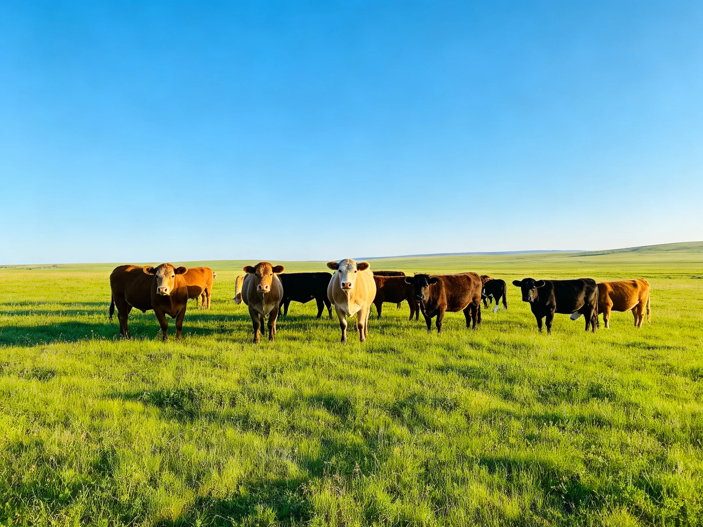 A herd of cattle in a vast green pasture under clear blue sky