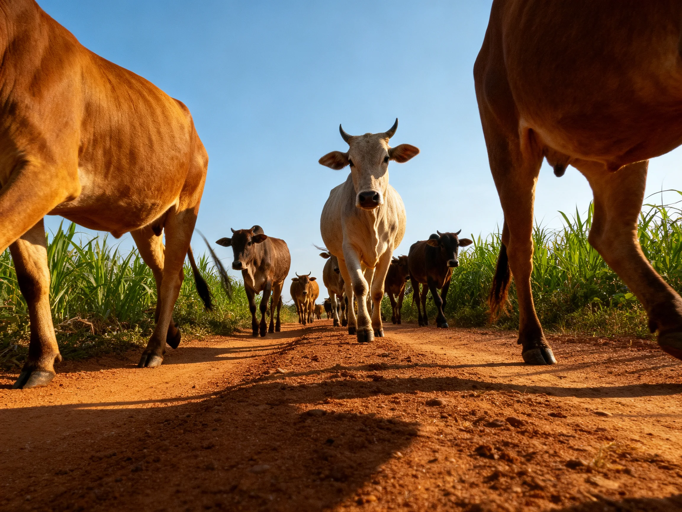 A herd of cattle marches along a dusty red road near tall green plants