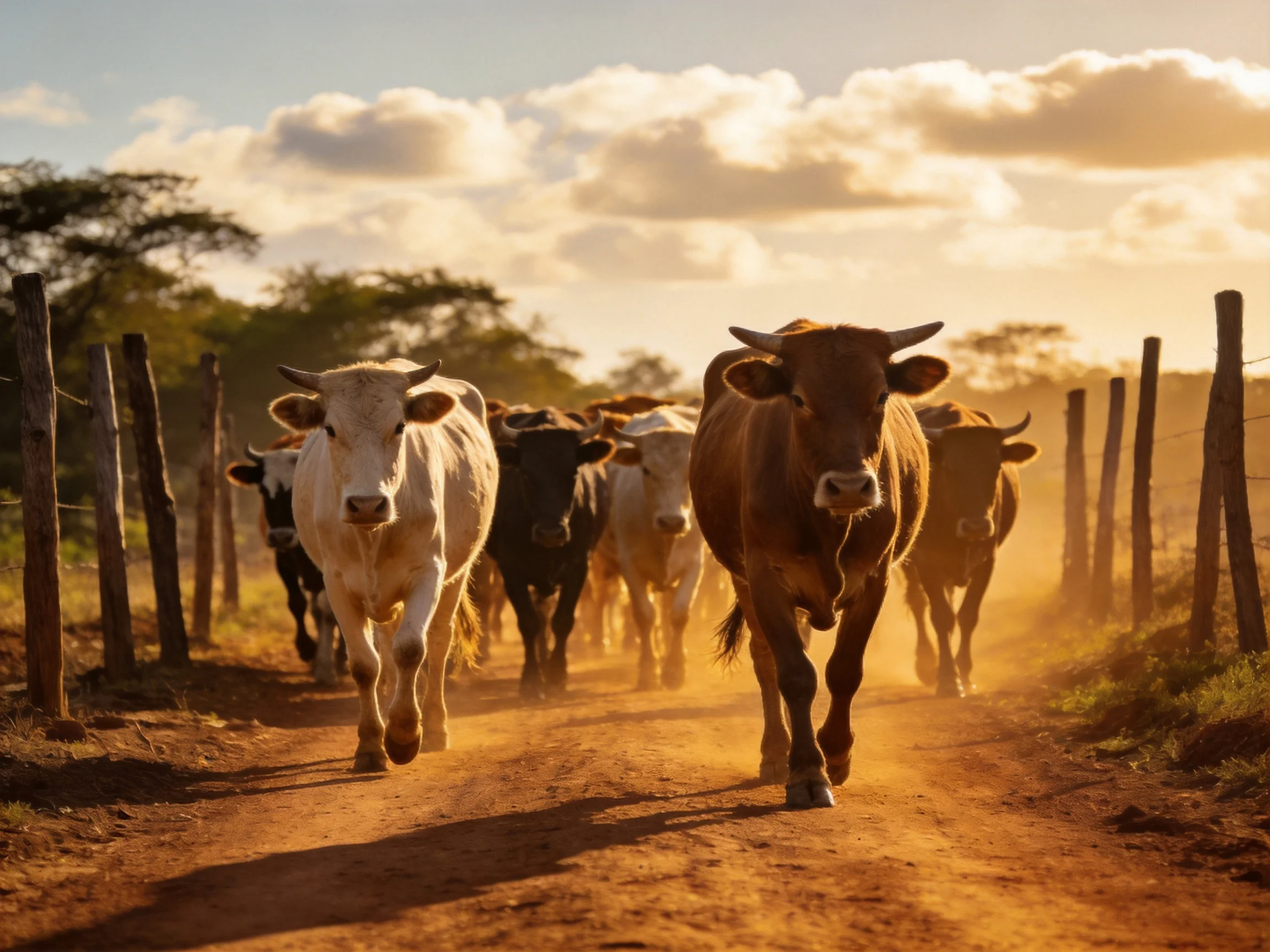 A herd of cattle marches down a dusty dirt road at sunset