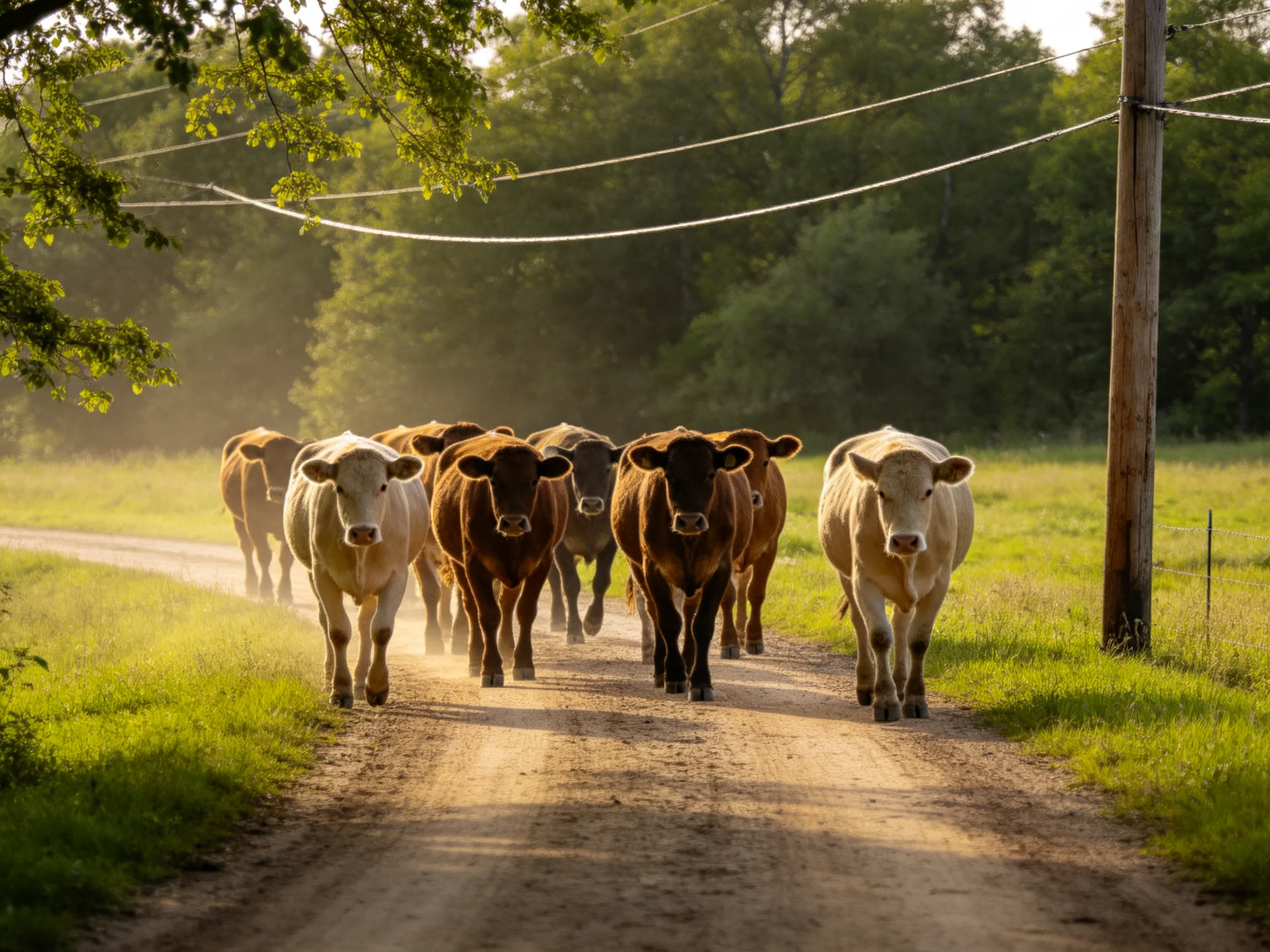 A herd of cattle marches down a sunlit dirt path