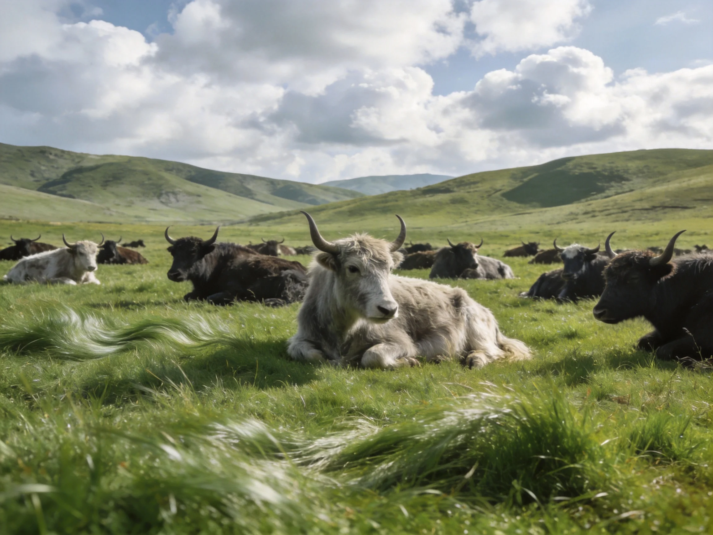 A herd of cattle resting on lush green rolling hills