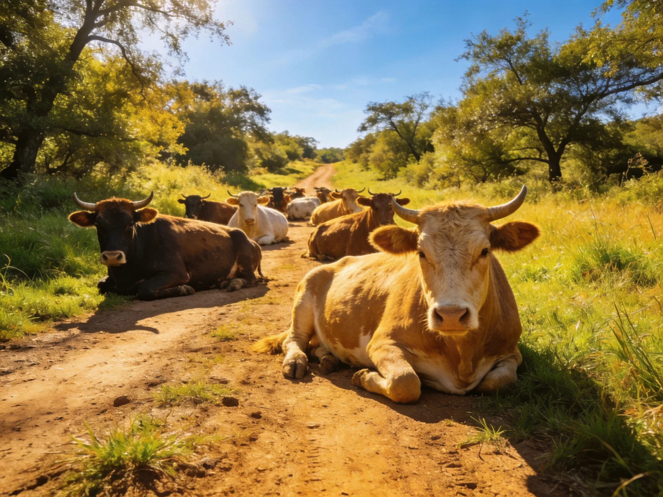 A herd of cattle rests on a sunlit dirt path with lush green surroundings