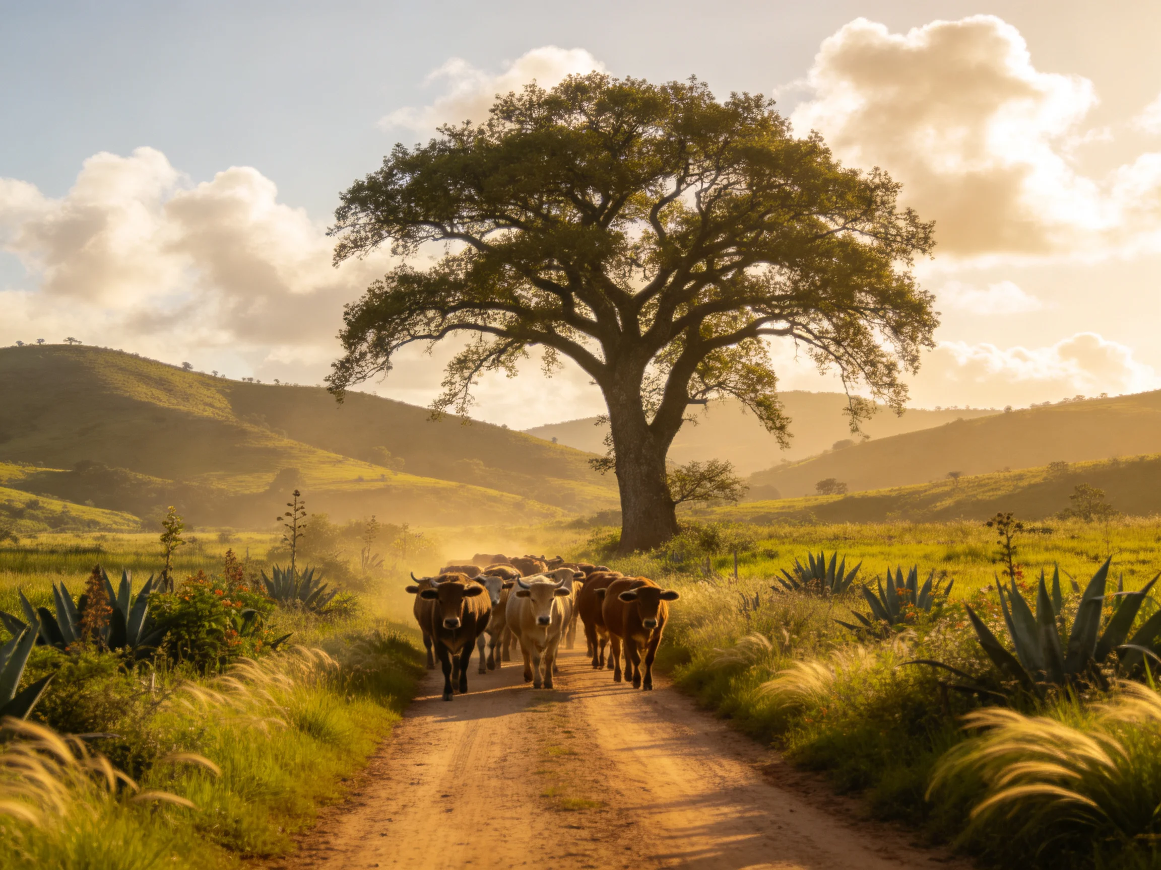 A herd of cattle travels down a dusty country road near a large oak tree