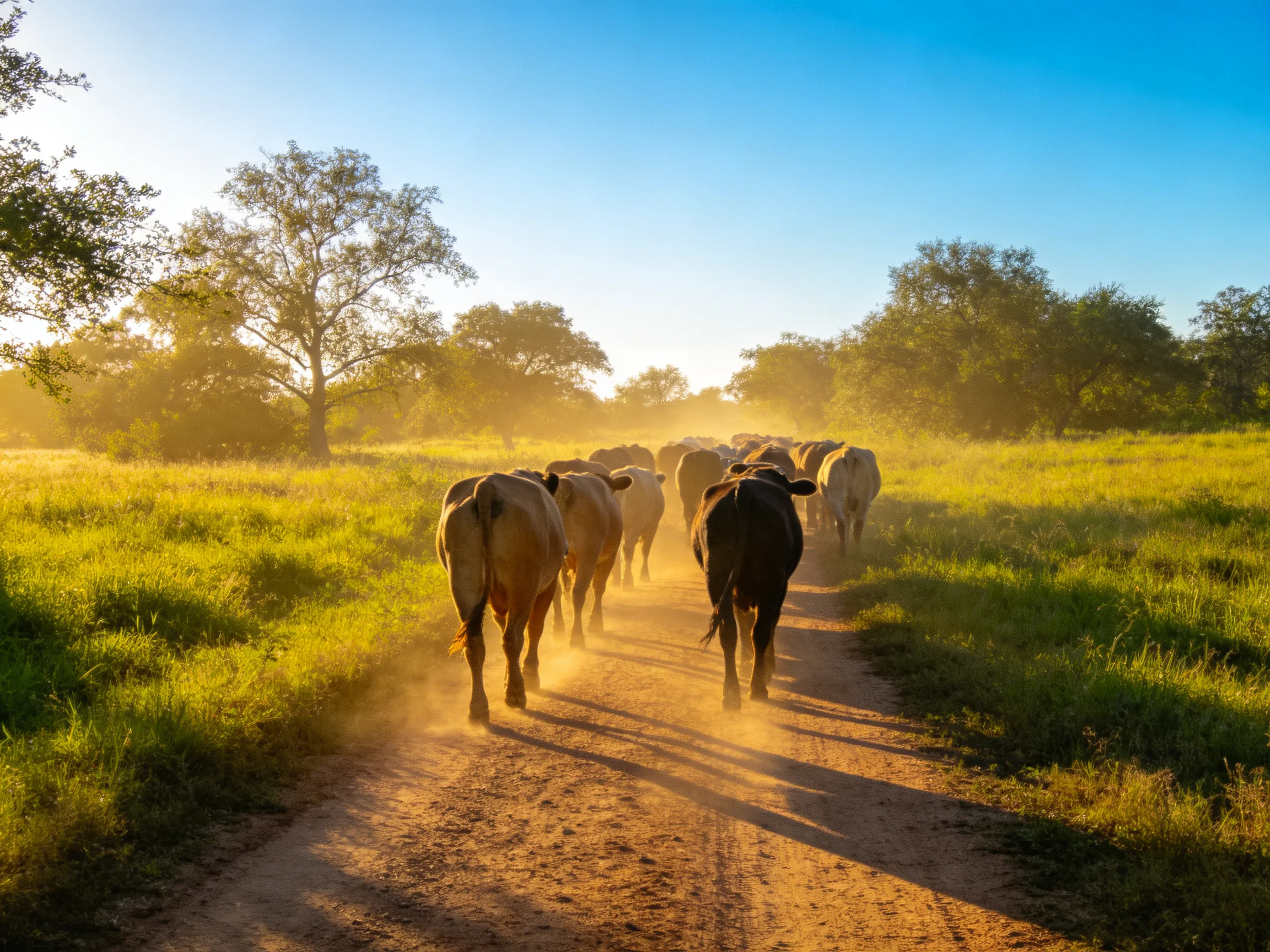 A herd of cattle traverses a dusty path amid sunlit green fields