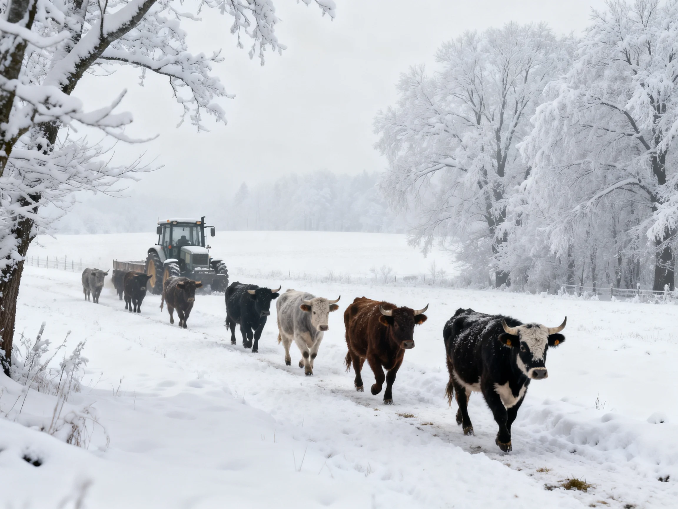 A herd of cattle walks along a snowy path near a tractor