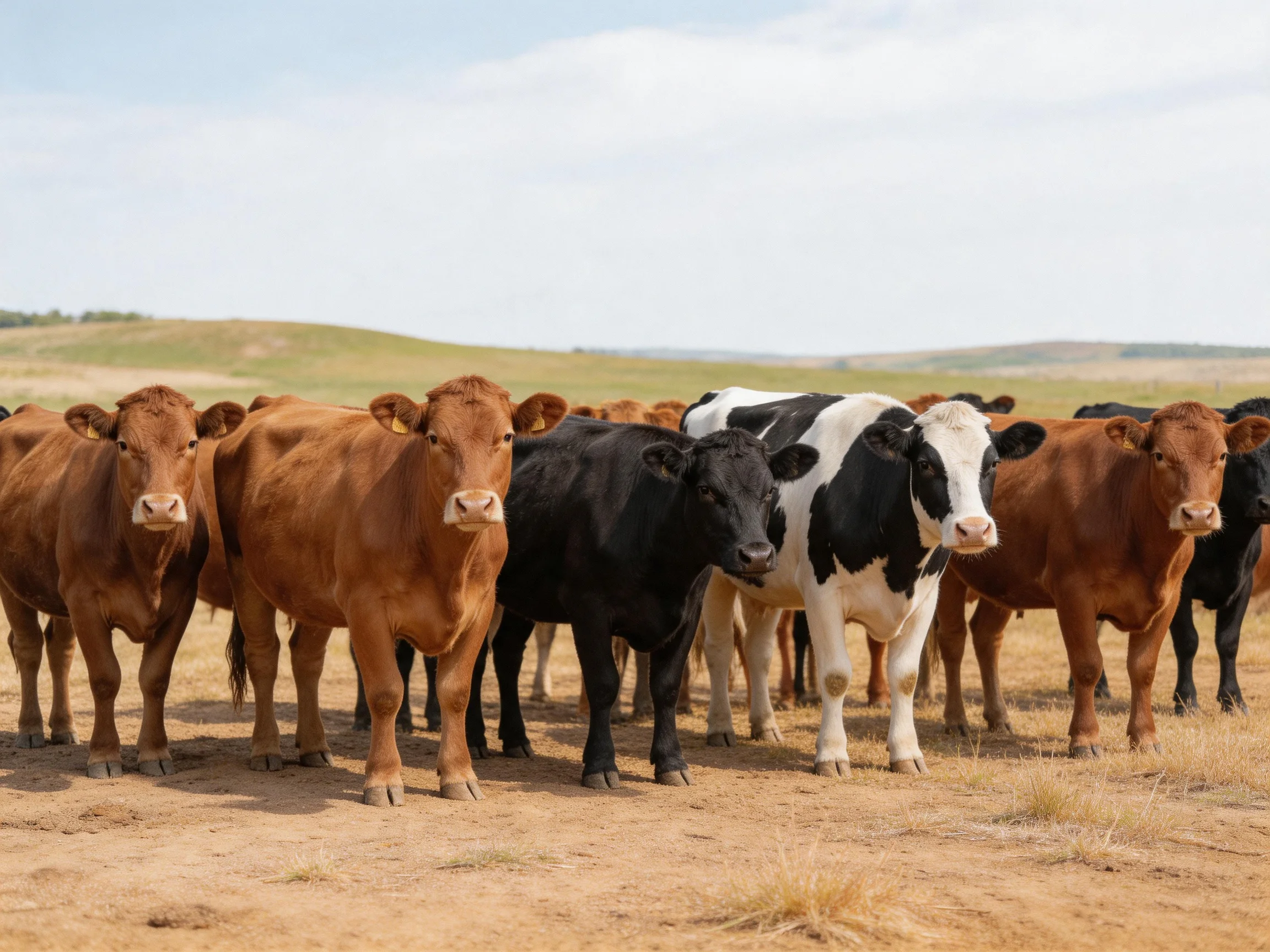 A herd of cattle with brown, black, and white coats in a sunny pasture