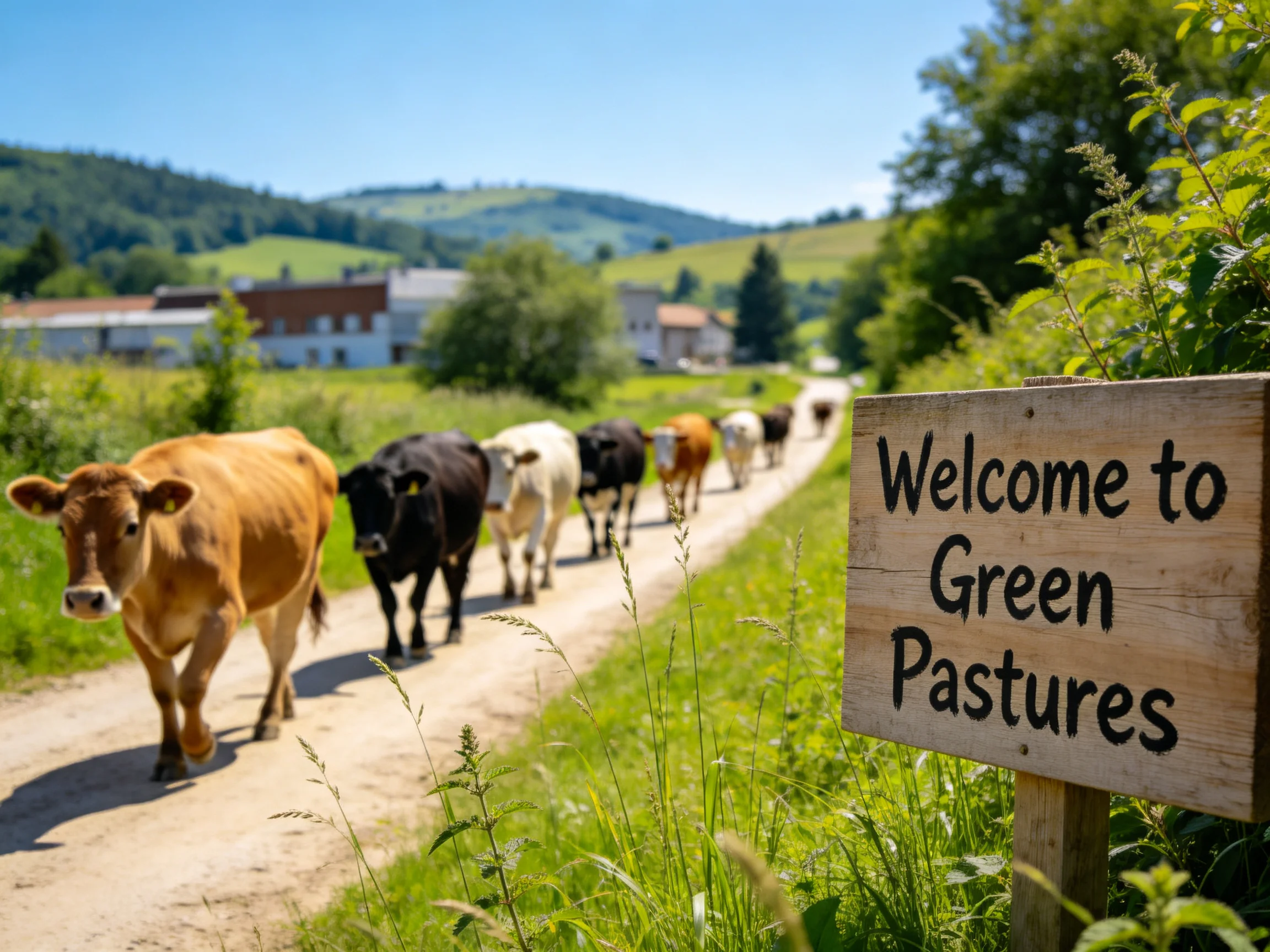 A herd of colorful cows walks along a dirt path near a wooden sign