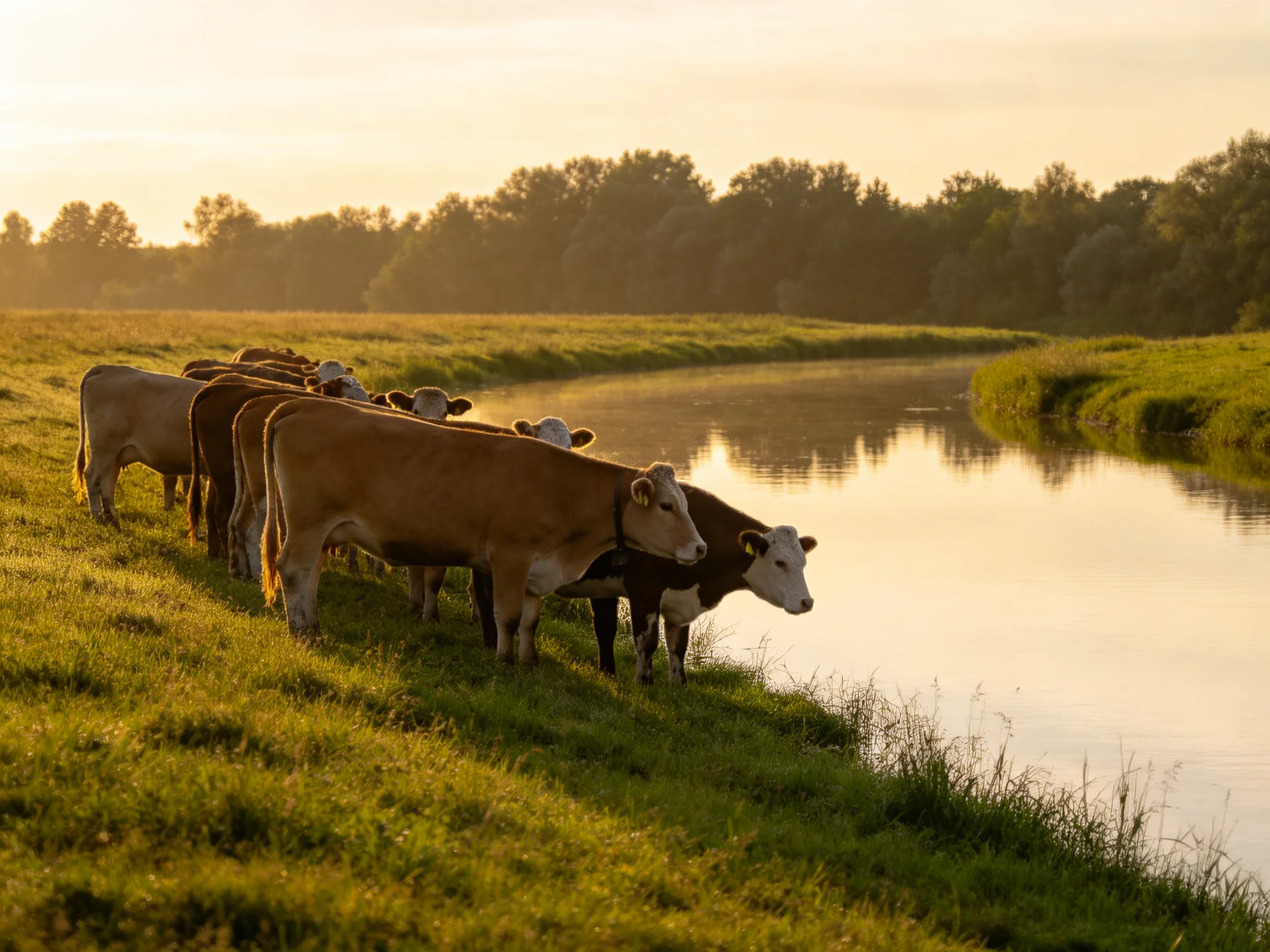 A herd of cows gathers by a calm river at golden hour