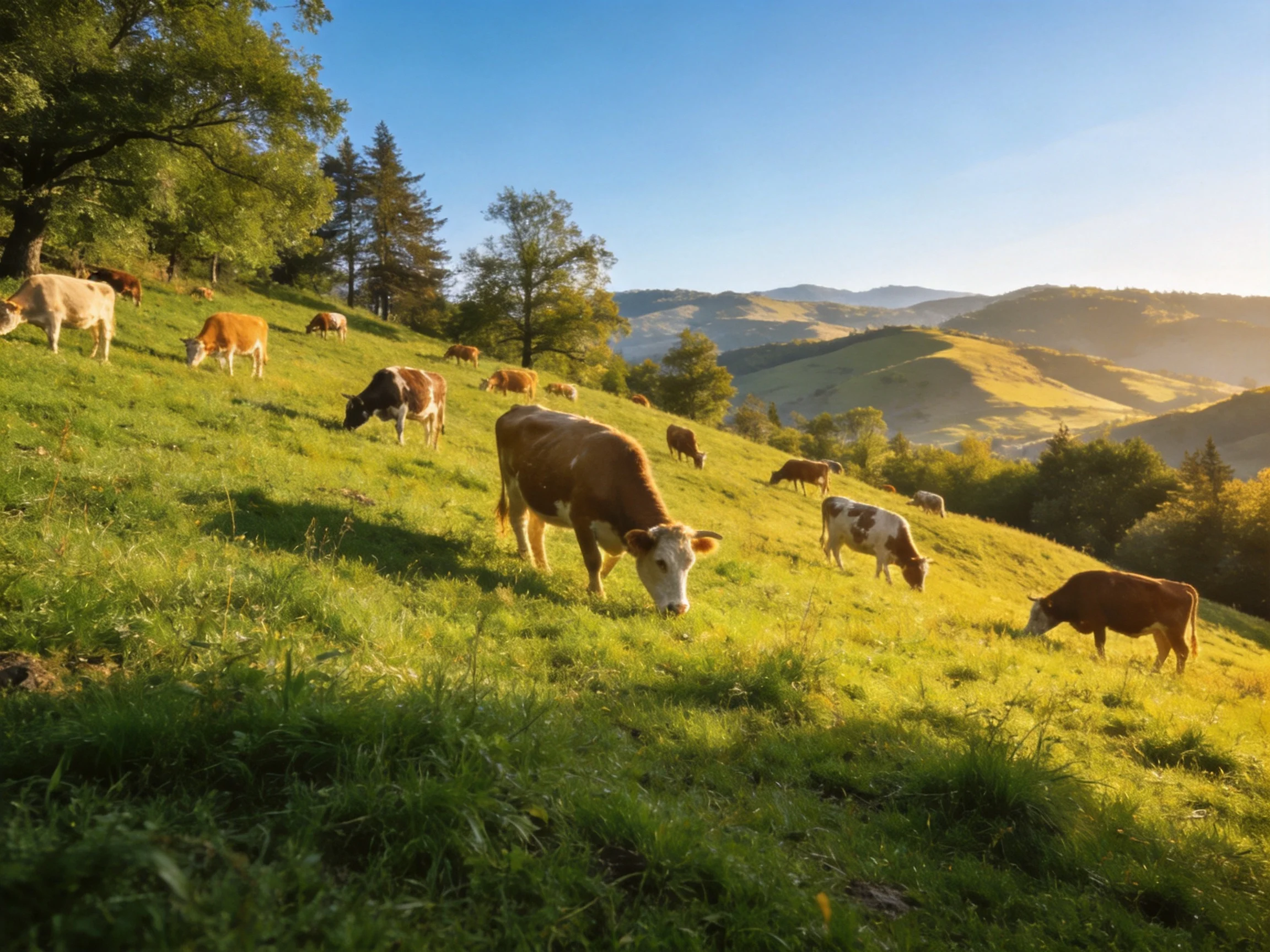 A herd of cows graze on a verdant hillside with distant mountains