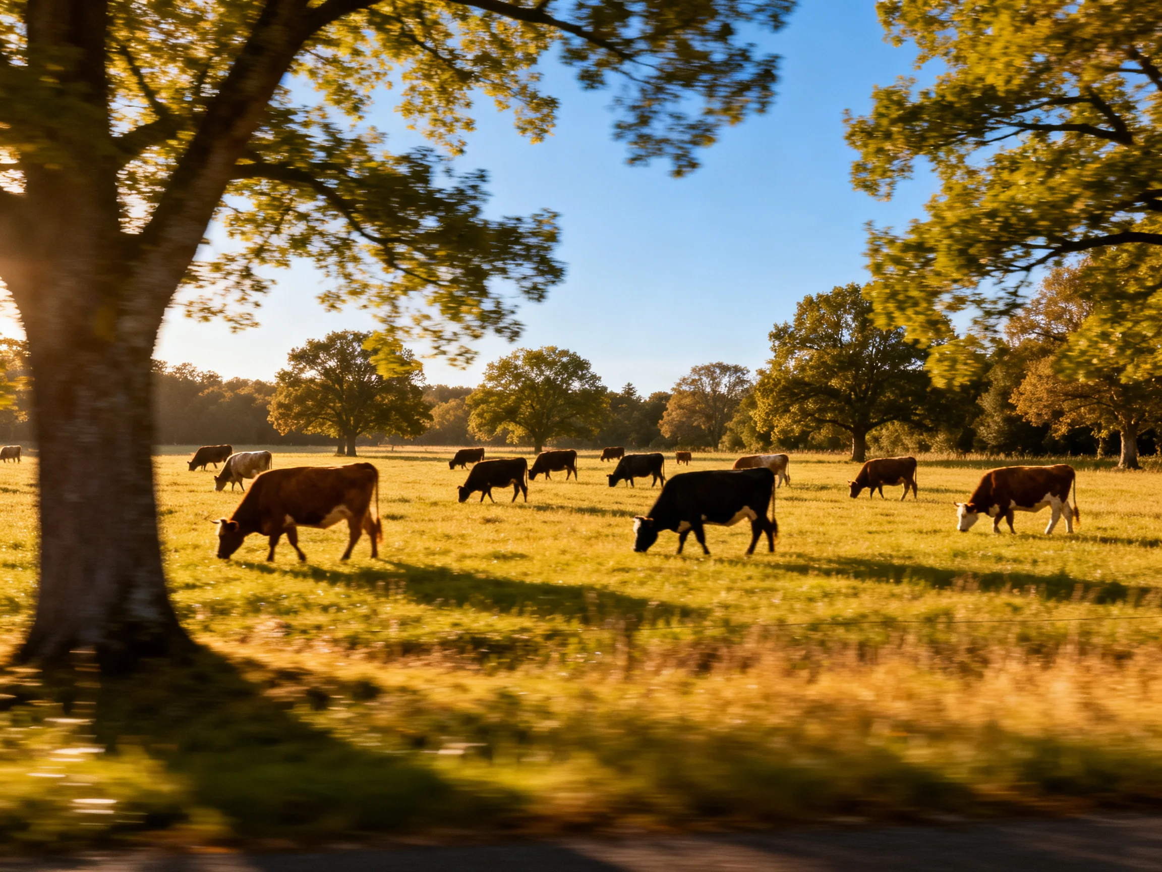 A herd of cows grazes in a golden meadow with large trees