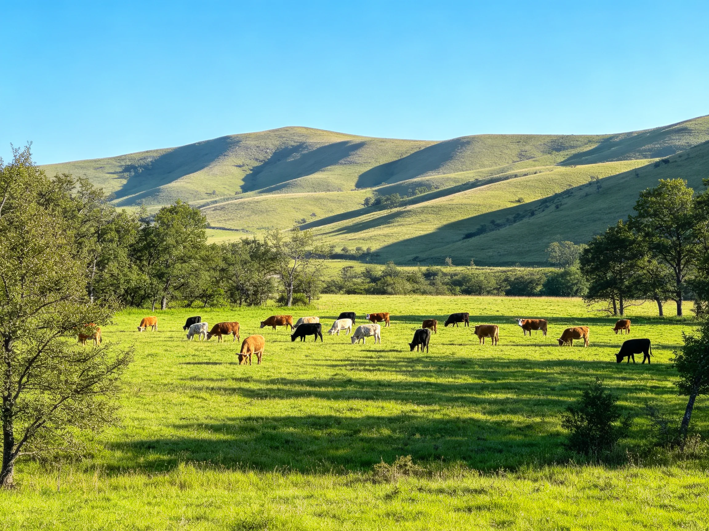 A herd of cows grazes in a lush green meadow near rolling hills