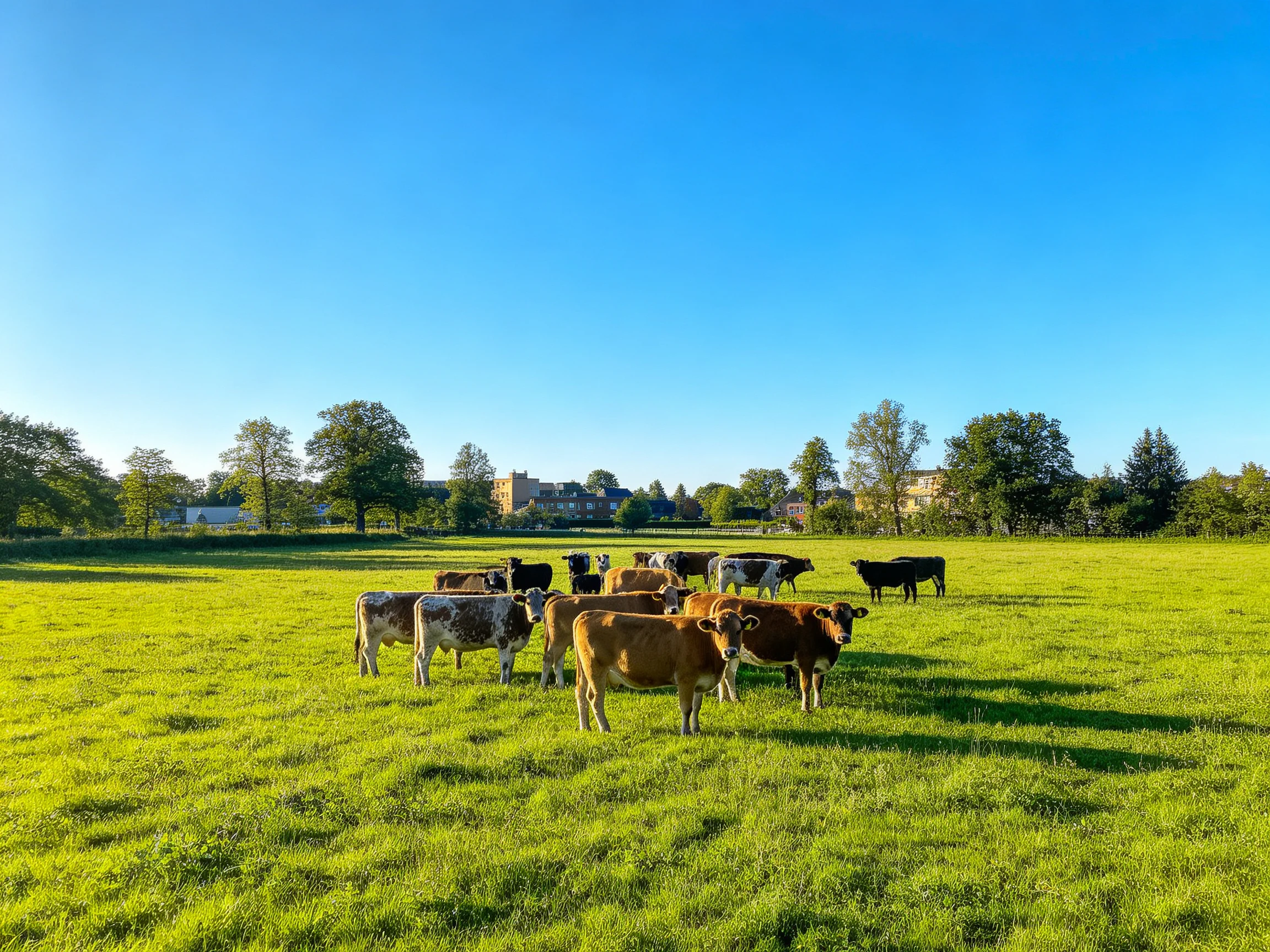 A herd of cows grazes in a lush green pasture under a clear blue sky