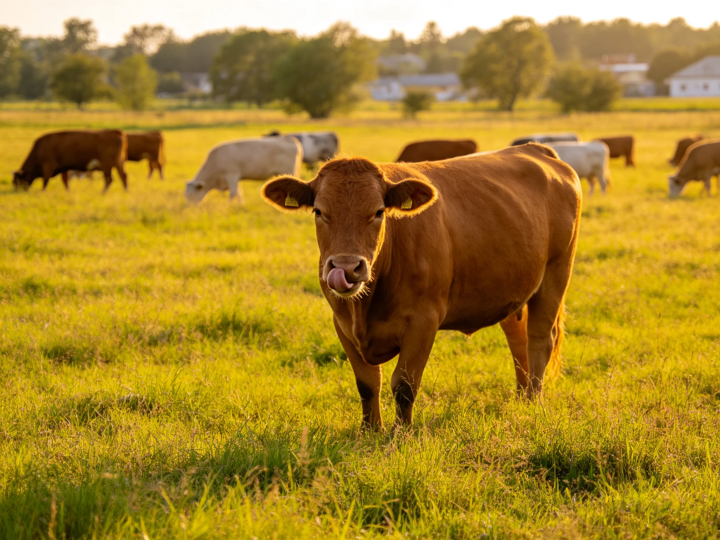 A herd of cows grazes in a sun-kissed, golden pasture
