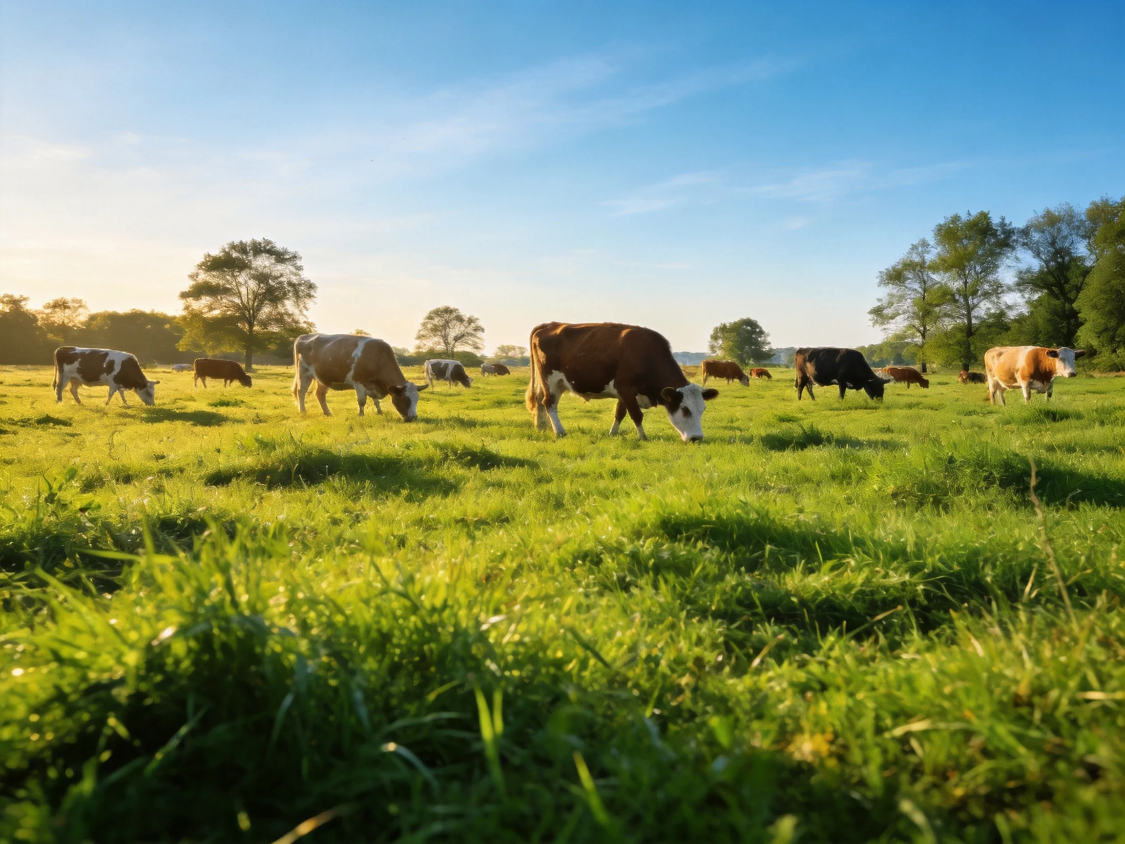 A herd of cows grazes in a verdant pasture under sunny skies