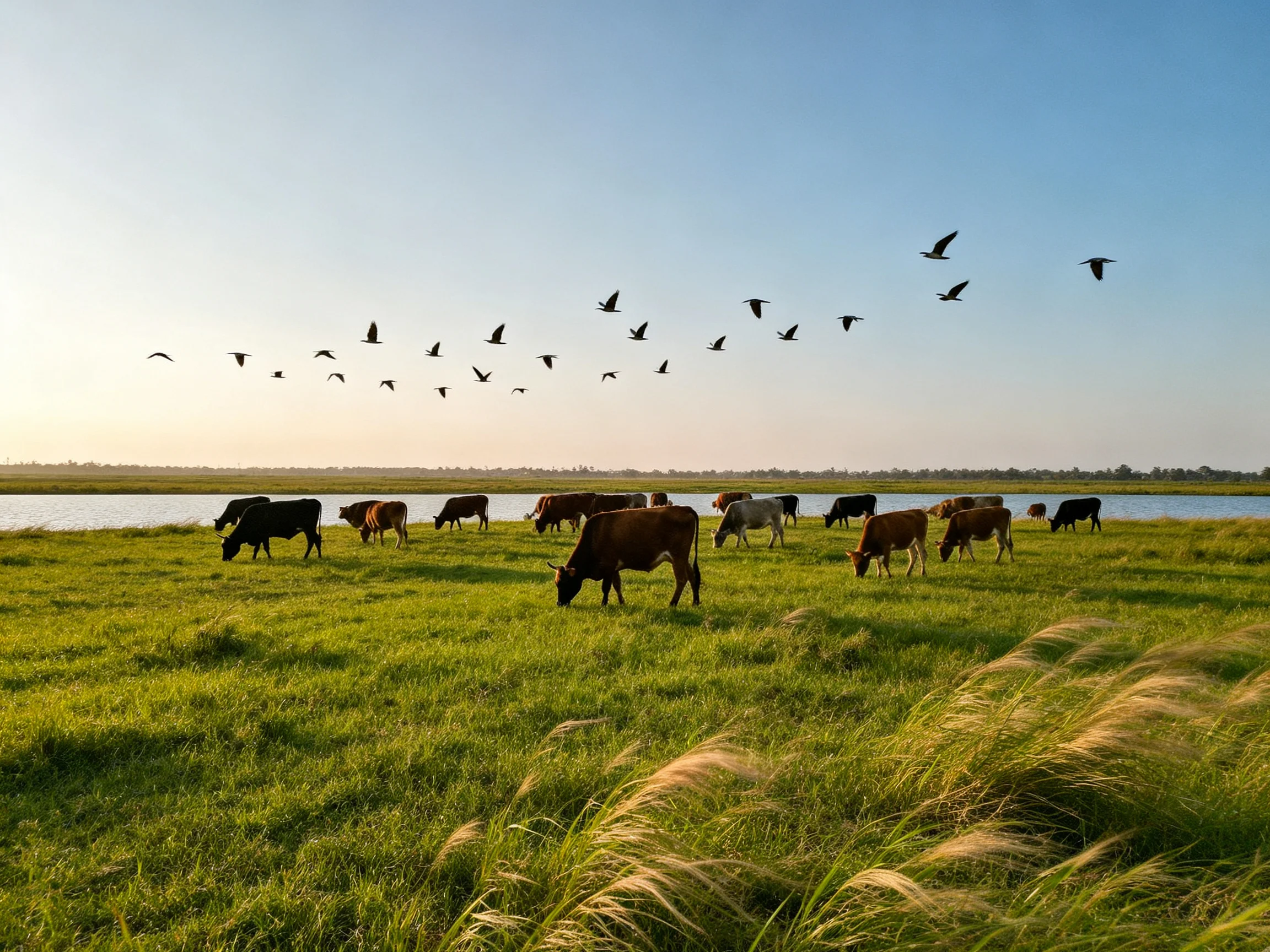 A herd of cows grazes near a river with many birds flying overhead