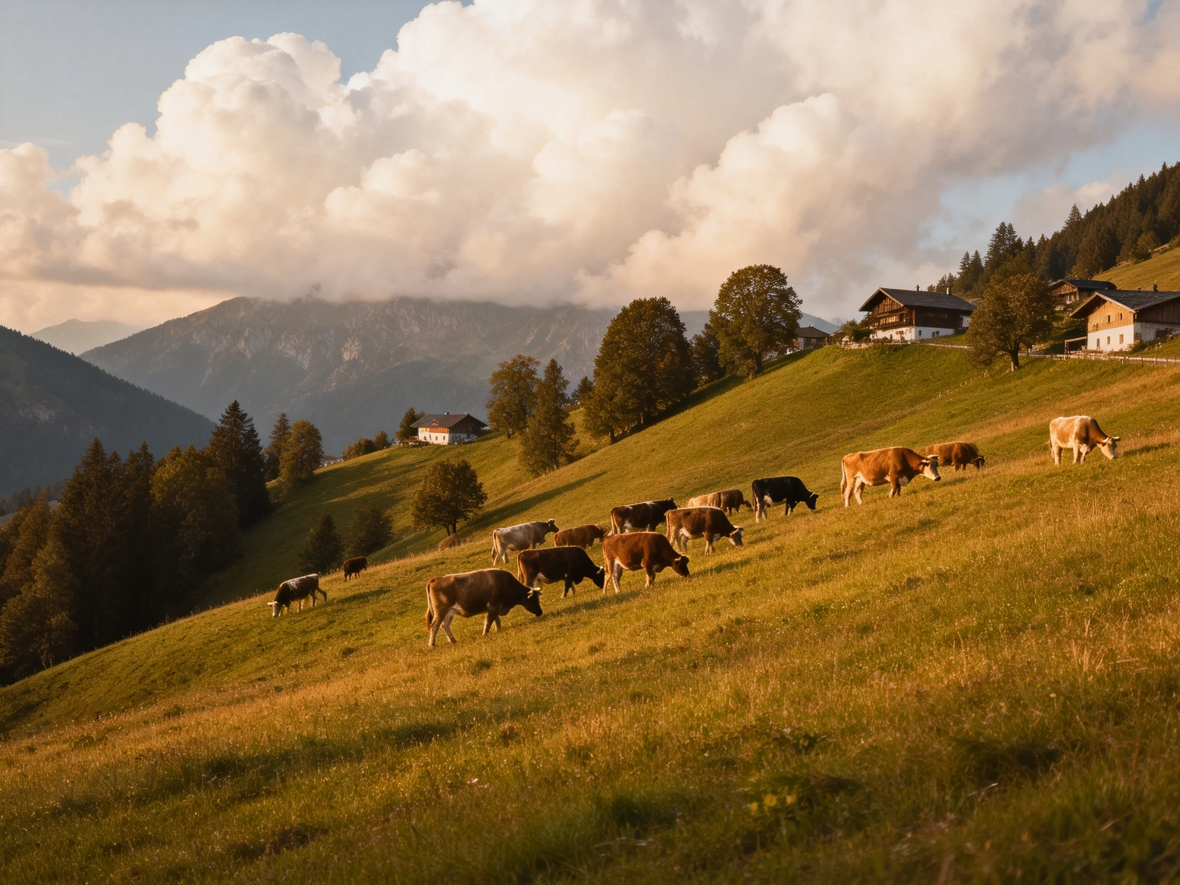 A herd of cows grazes on a golden hillside near wooden cabins