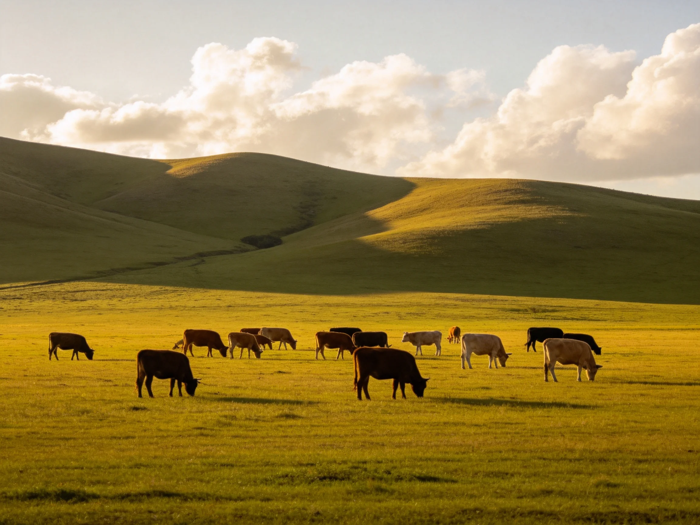 A herd of cows grazes on a golden meadow with rolling green hills