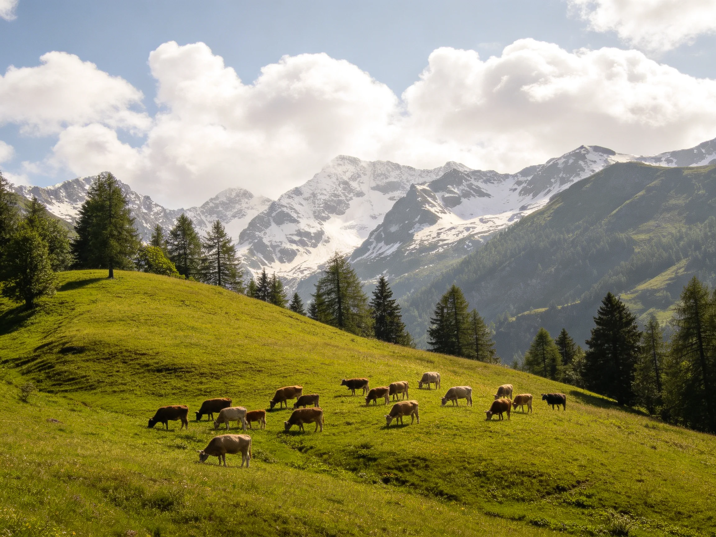 A herd of cows grazes on a lush green hillside near snow-capped mountains