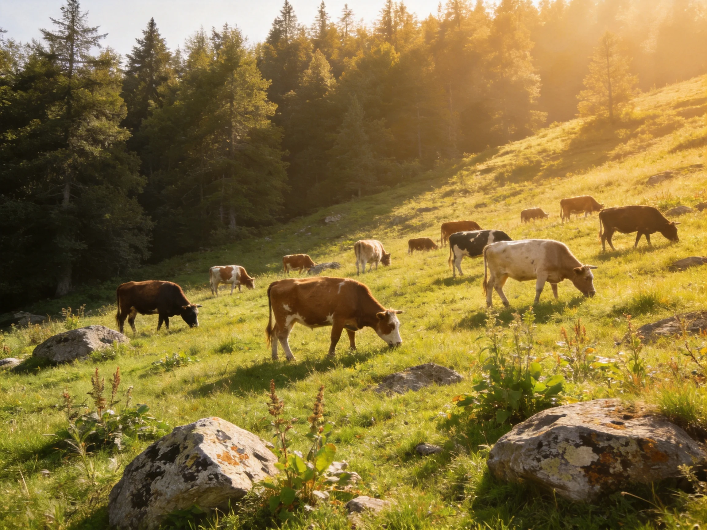 A herd of cows grazes on a sunlit green hillside with rocky terrain
