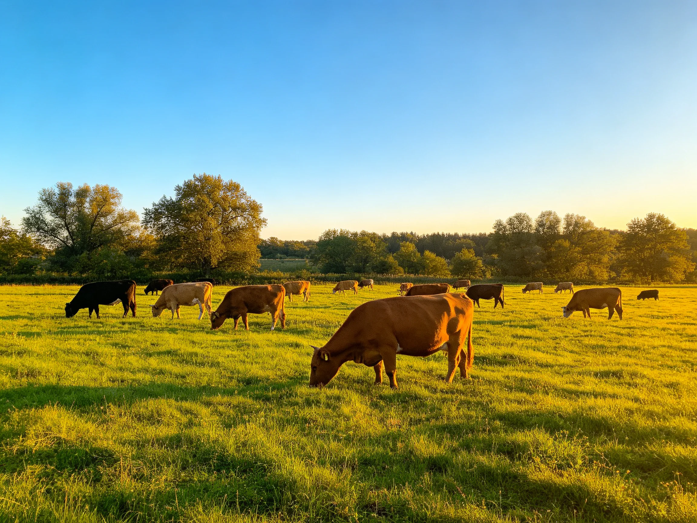 A herd of cows grazing in a sun-drenched green pasture