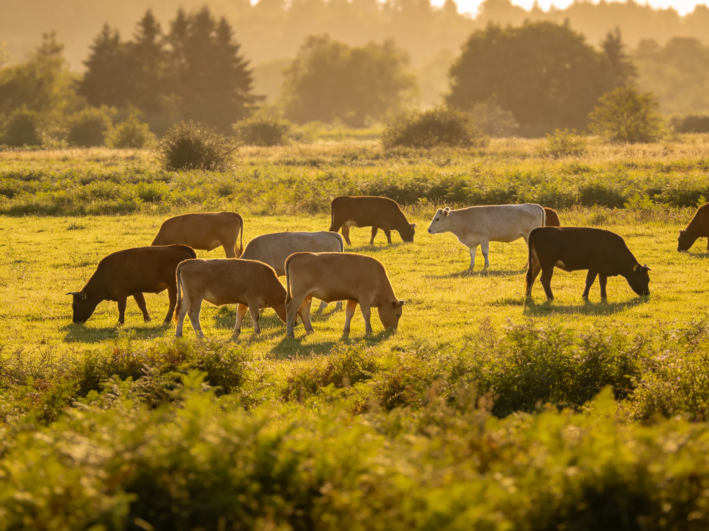 A herd of cows grazing in a sun-drenched meadow with varied colors