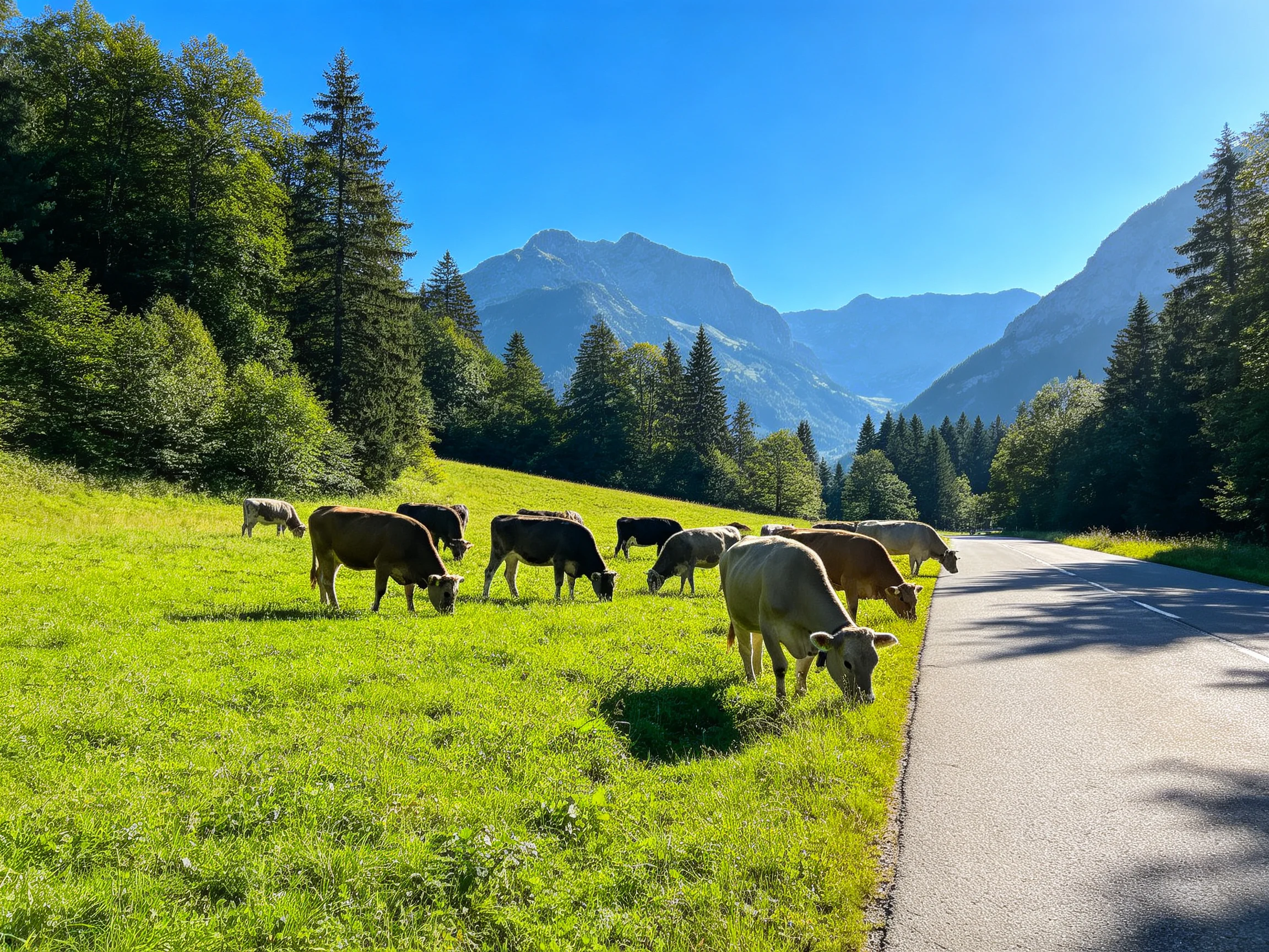 A herd of cows grazing near mountainous roadsides with lush green fields