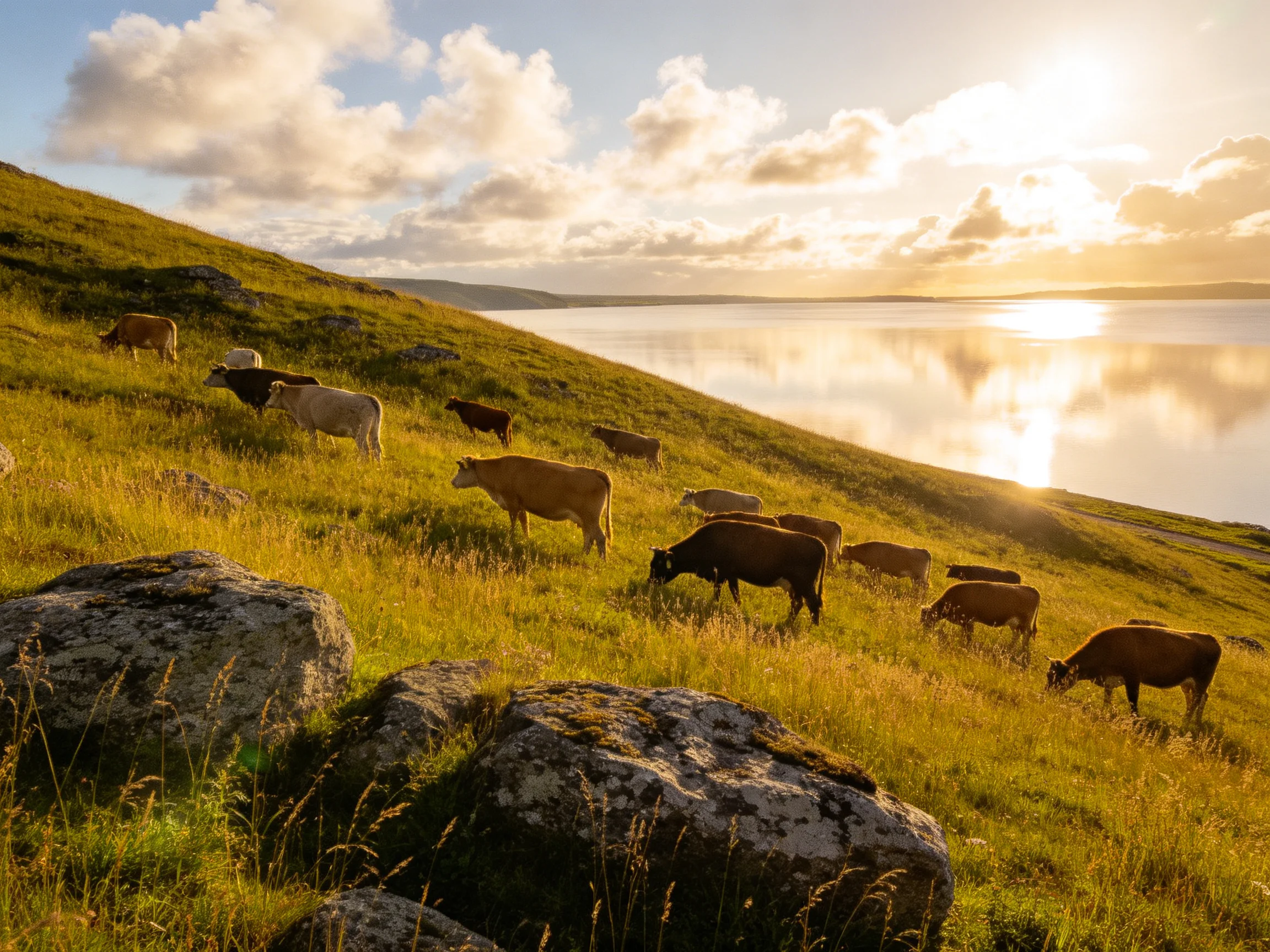 A herd of cows grazing on a golden hillside beside a tranquil lake