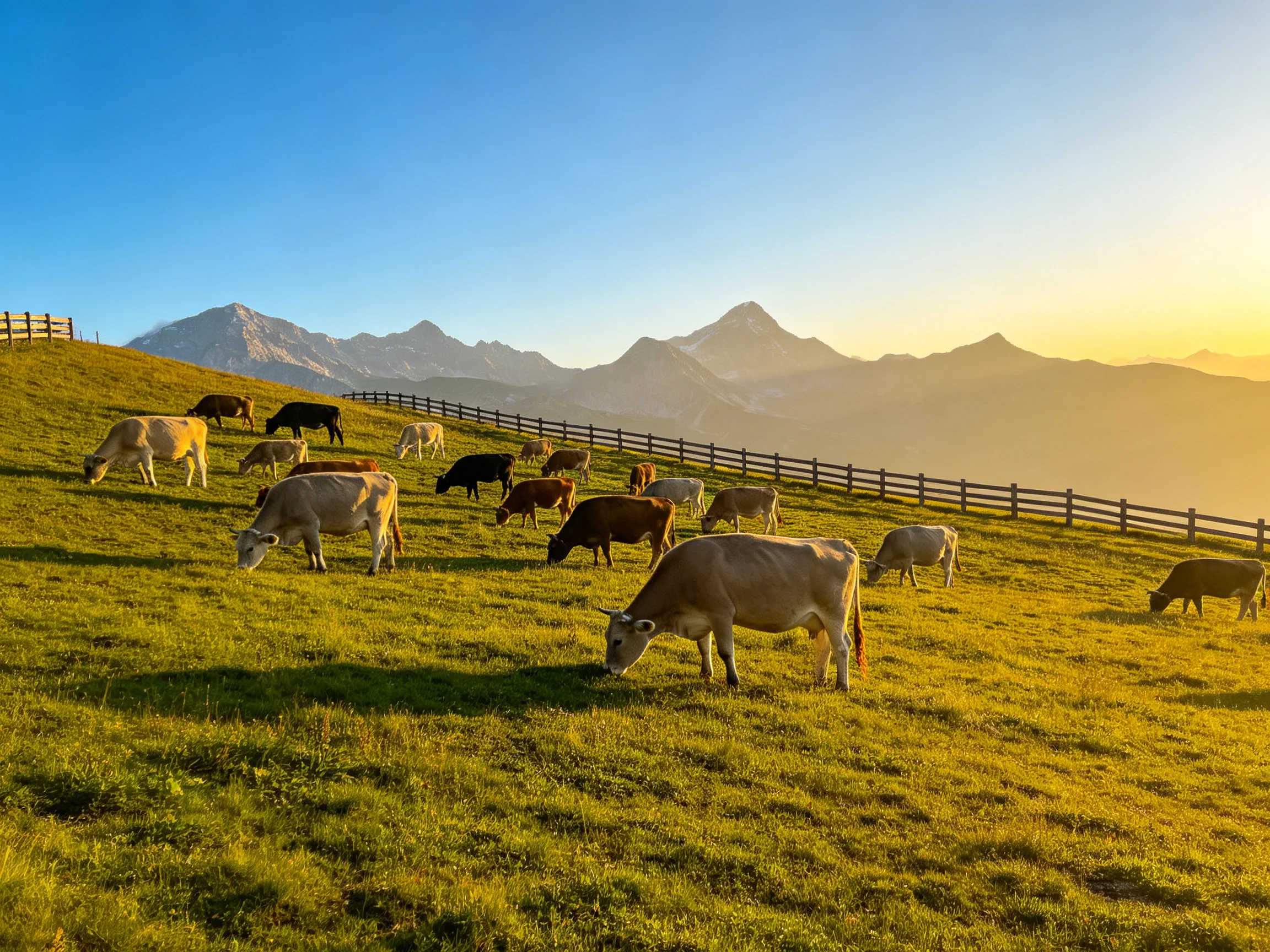 A herd of cows grazing on a lush green hillside near mountain peaks at sunset