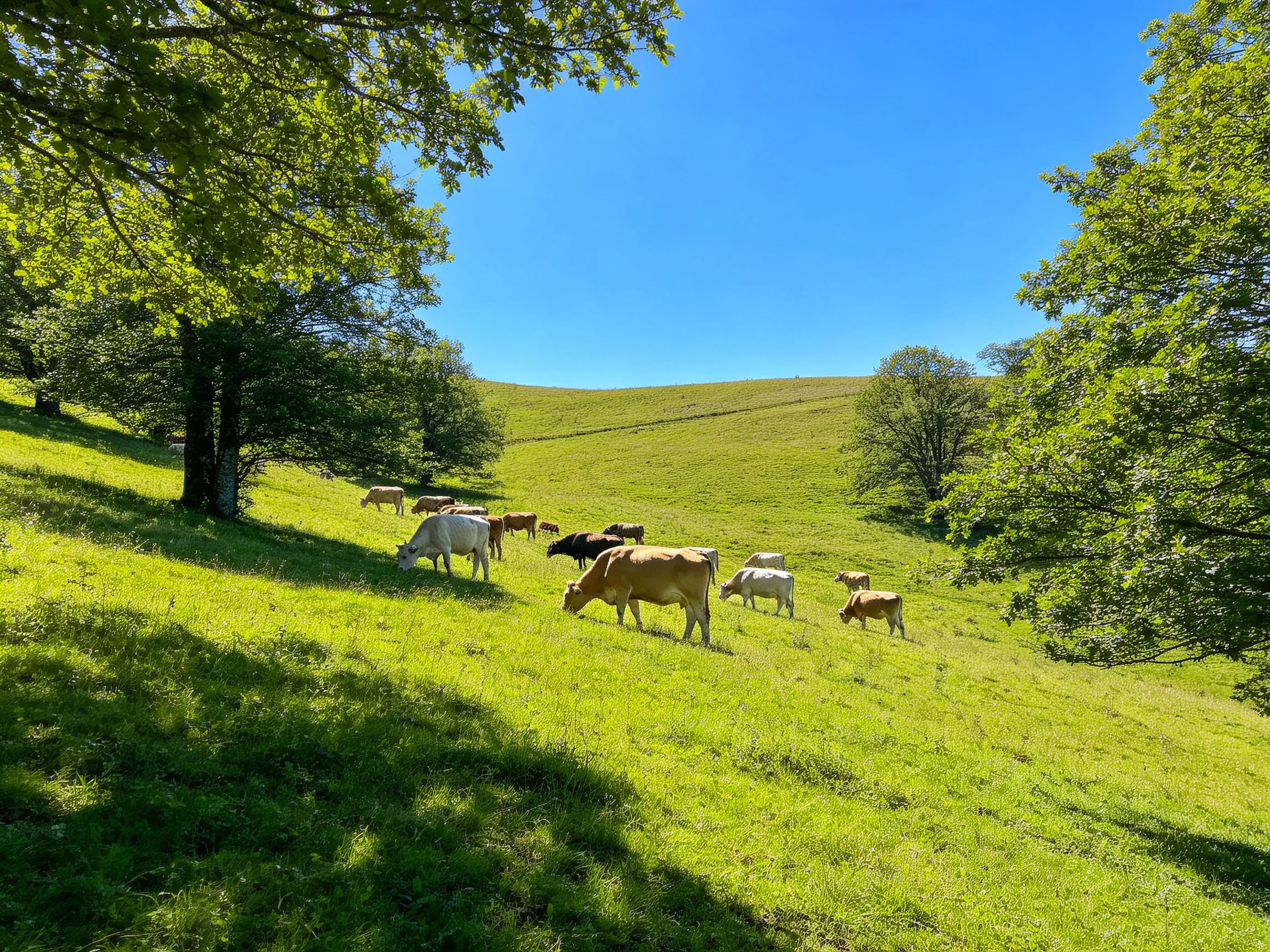 A herd of cows grazing on a lush green hillside under bright blue sky