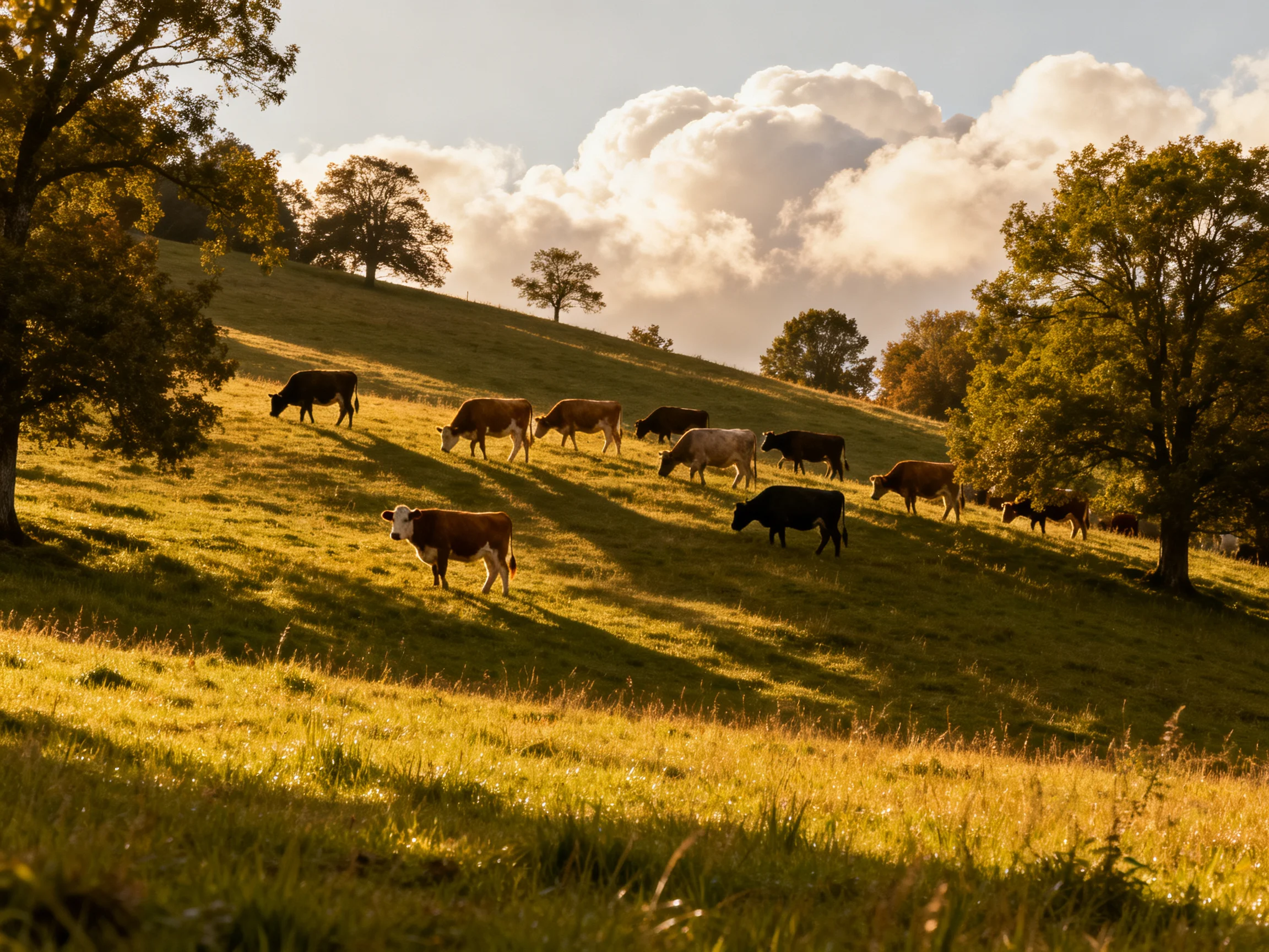A herd of cows grazing on a sunlit rolling green hillside
