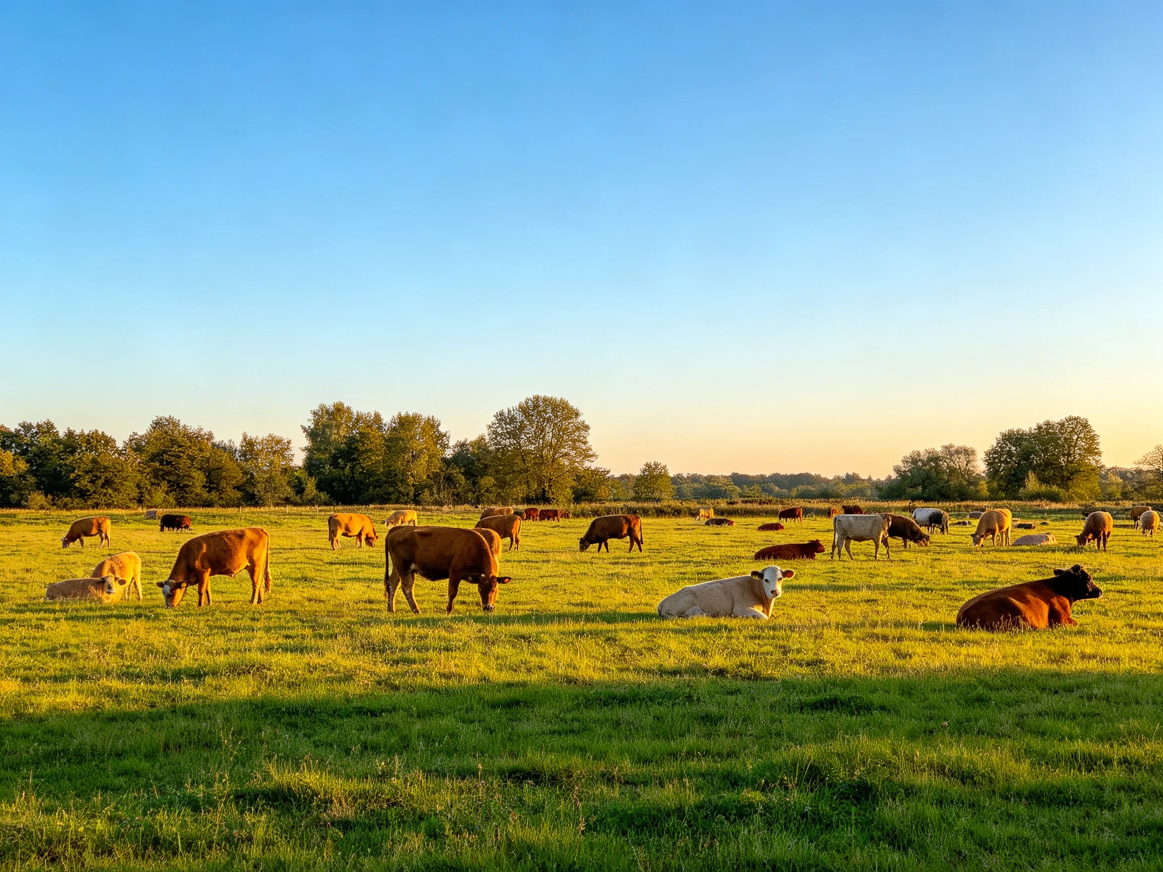 A herd of cows in a sunlit green pasture