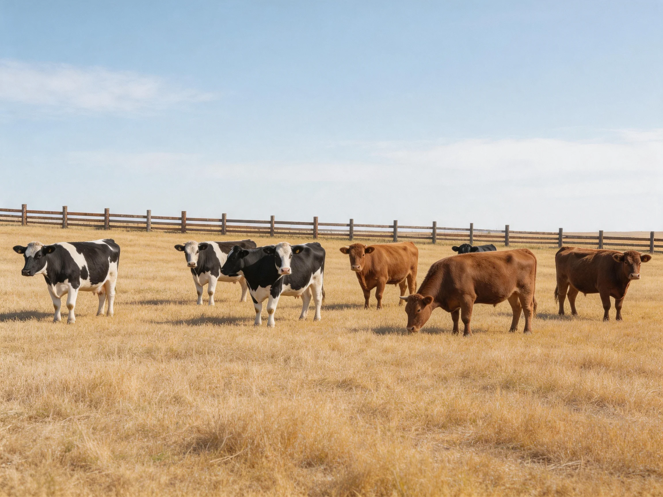 A herd of cows in black, white, and brown coats grazes on dry grassland