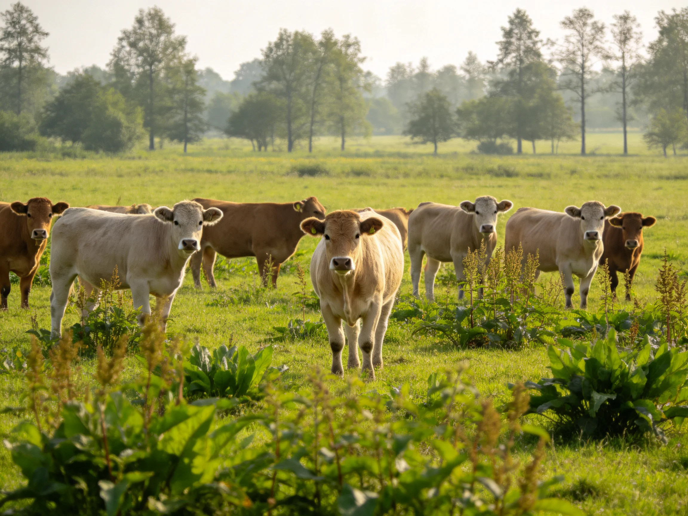 A herd of cows in earthy tones roams a verdant meadow