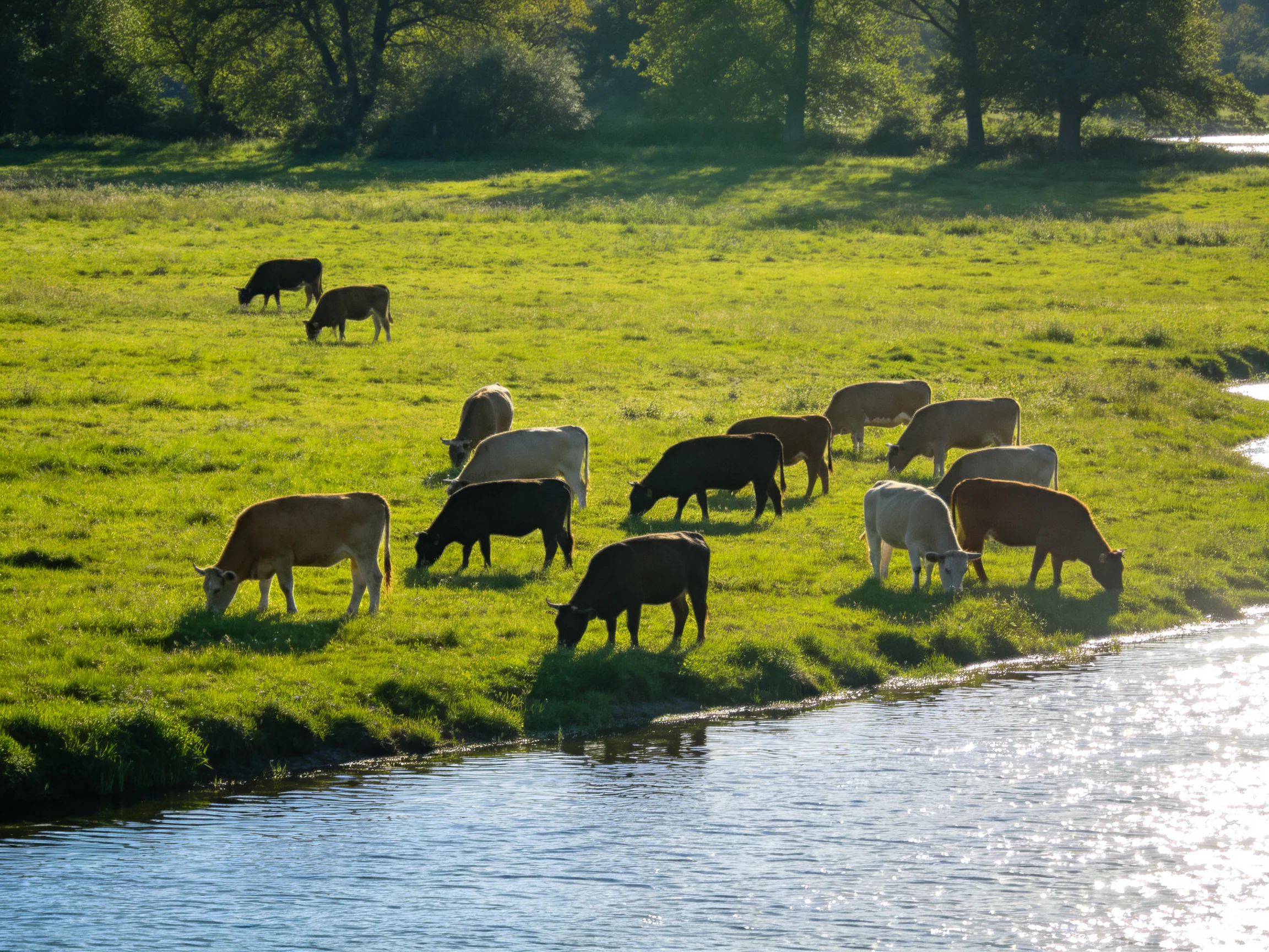 A herd of cows in varied hues grazes by a sunlit waterway