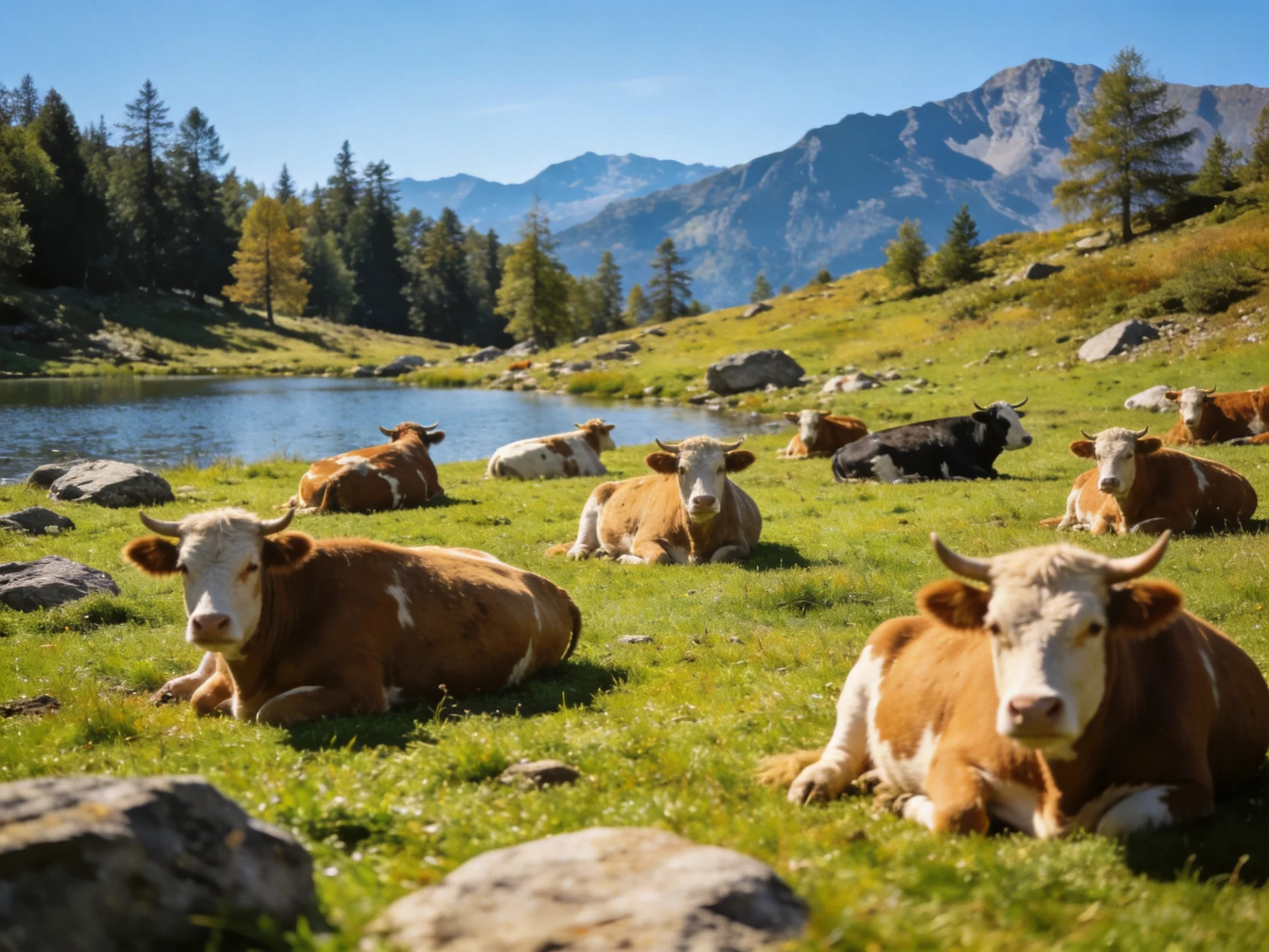 A herd of cows relaxes in a lush green meadow beside a tranquil lake