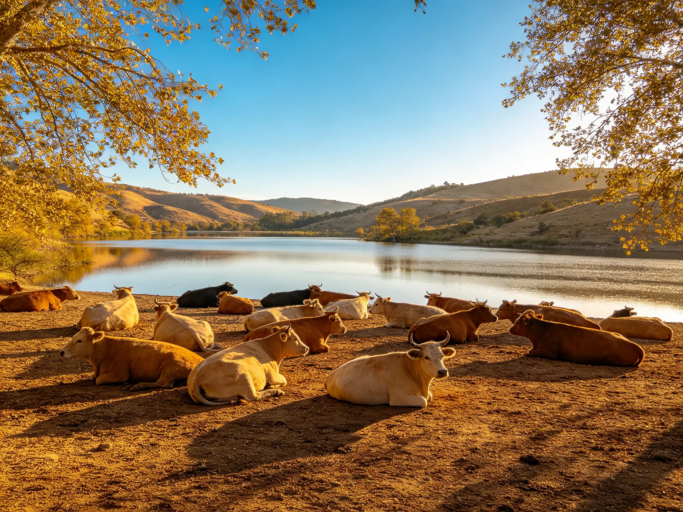 A herd of cows rests by a serene lake with sunlit hills