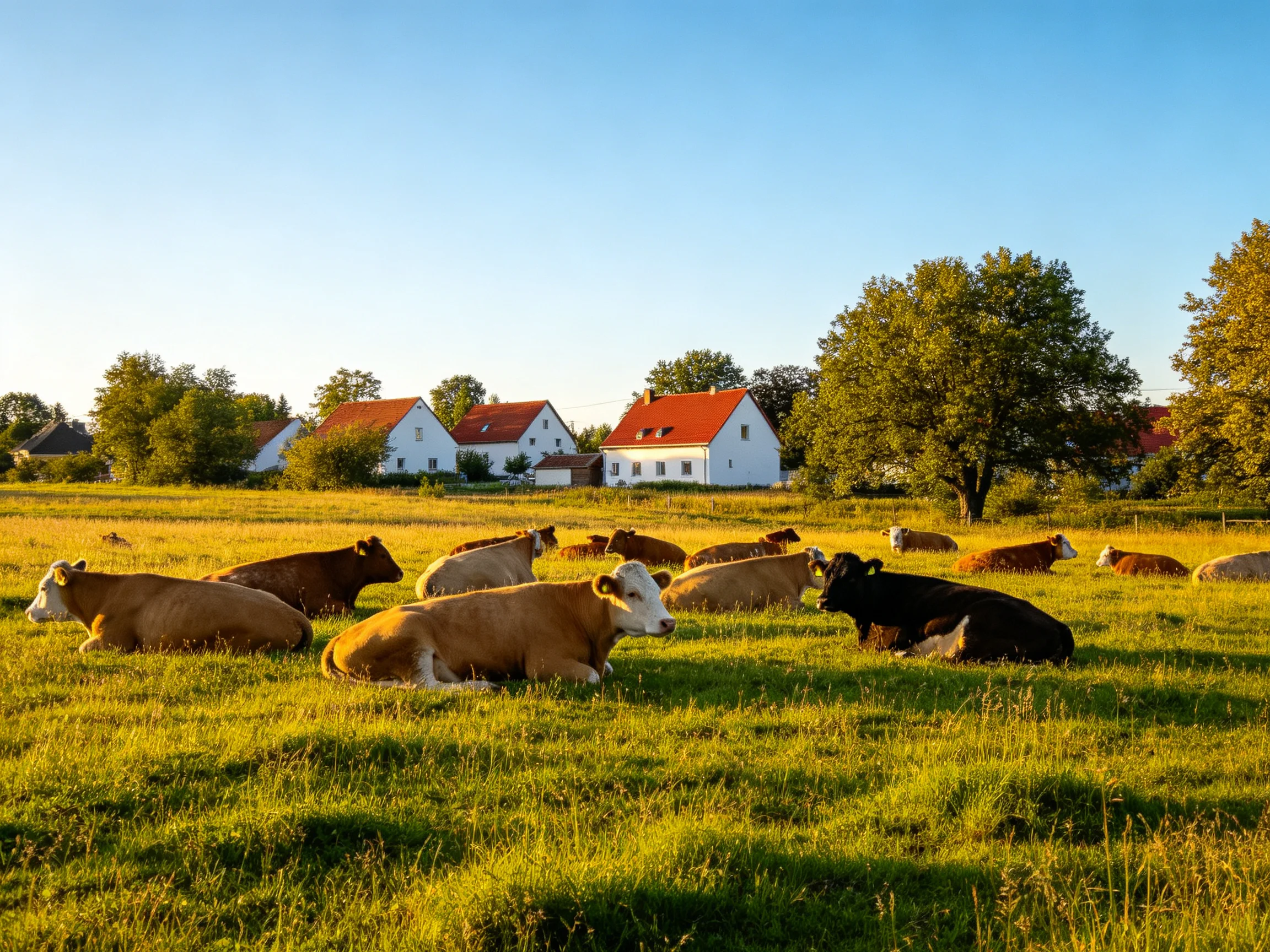 A herd of cows rests in a golden meadow near white houses with red roofs
