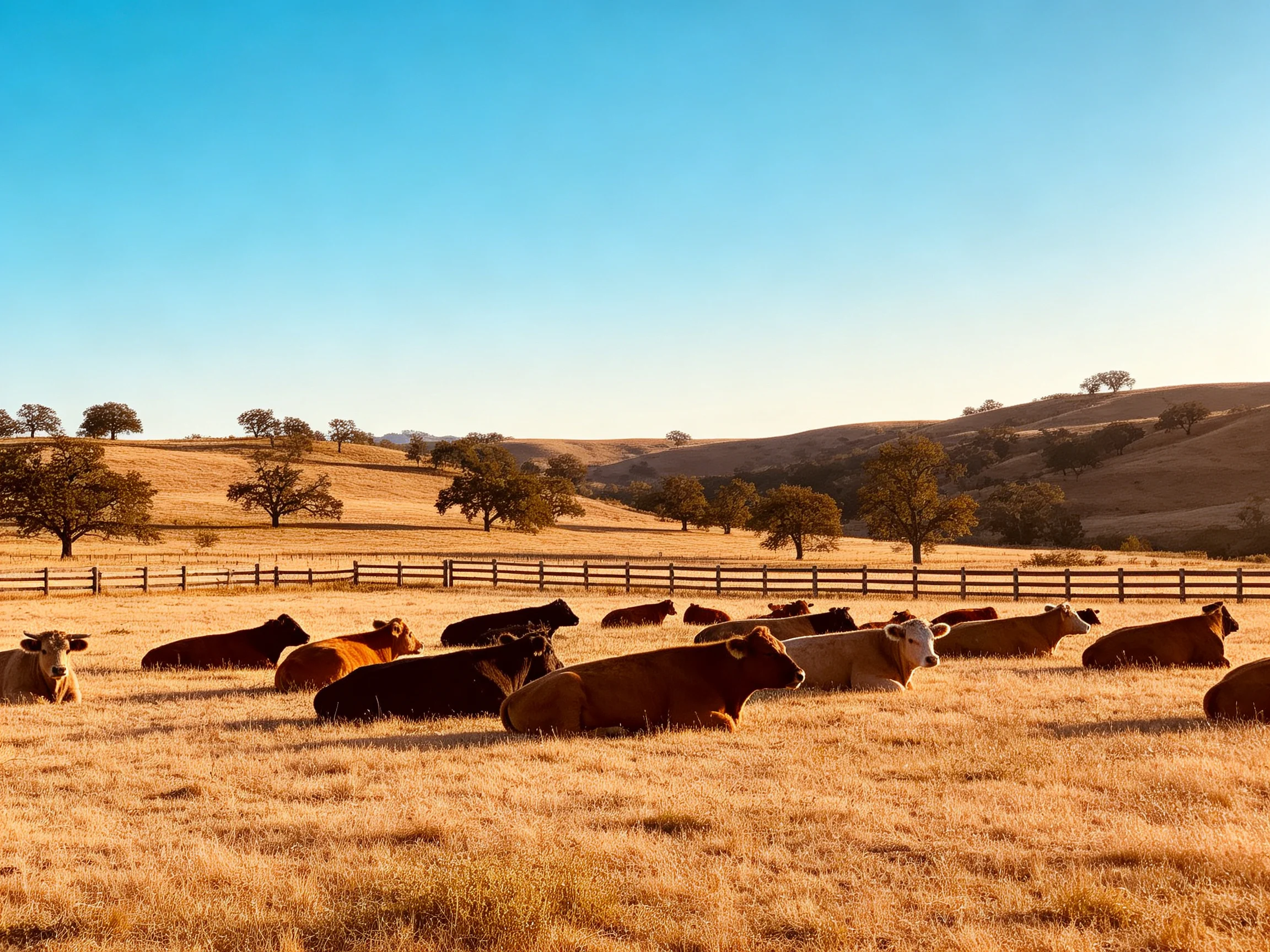 A herd of cows rests in a sunlit golden field with rolling hills